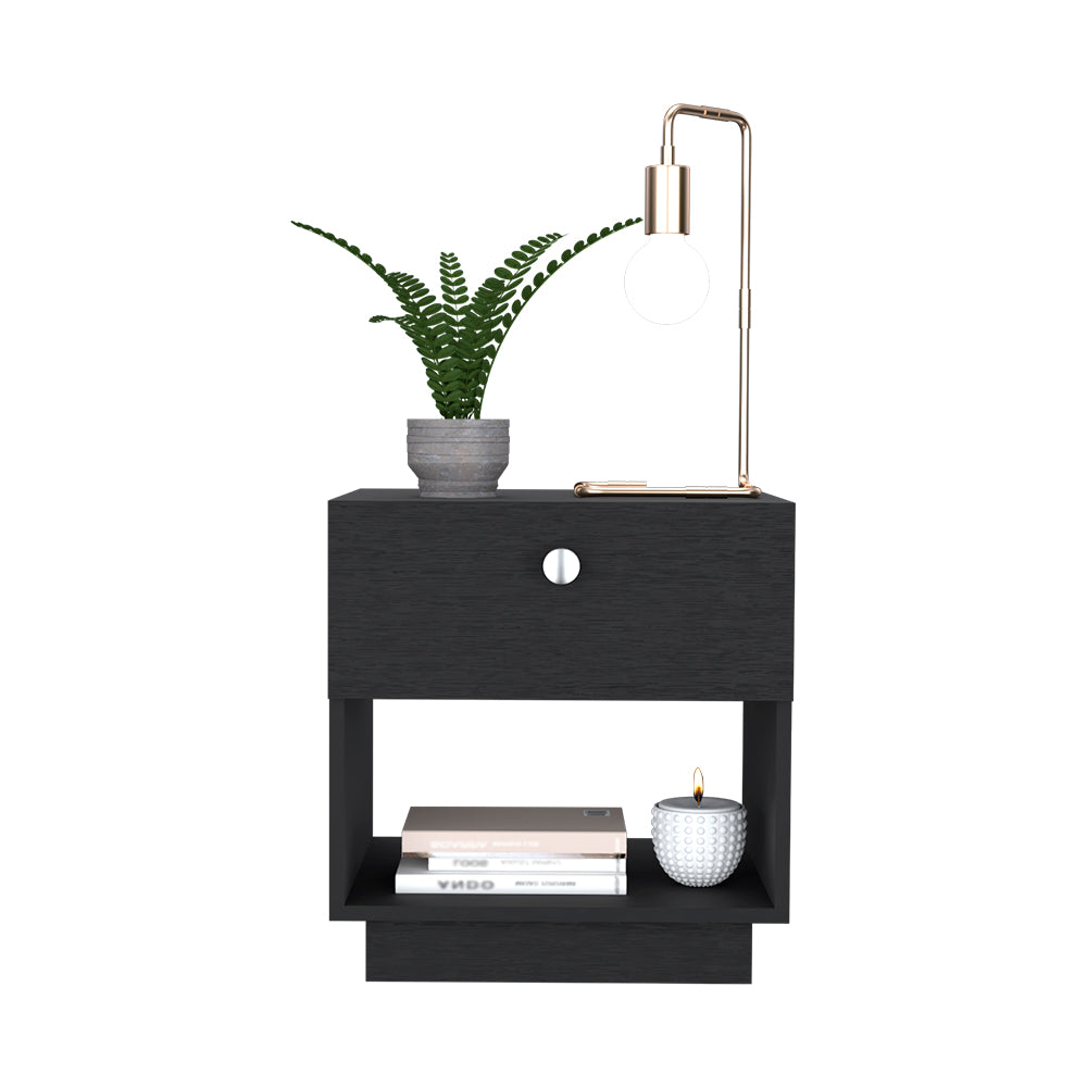 Viliigili Nightstand with one drawer and black wengue finish, showcasing its elegant design and compact size.