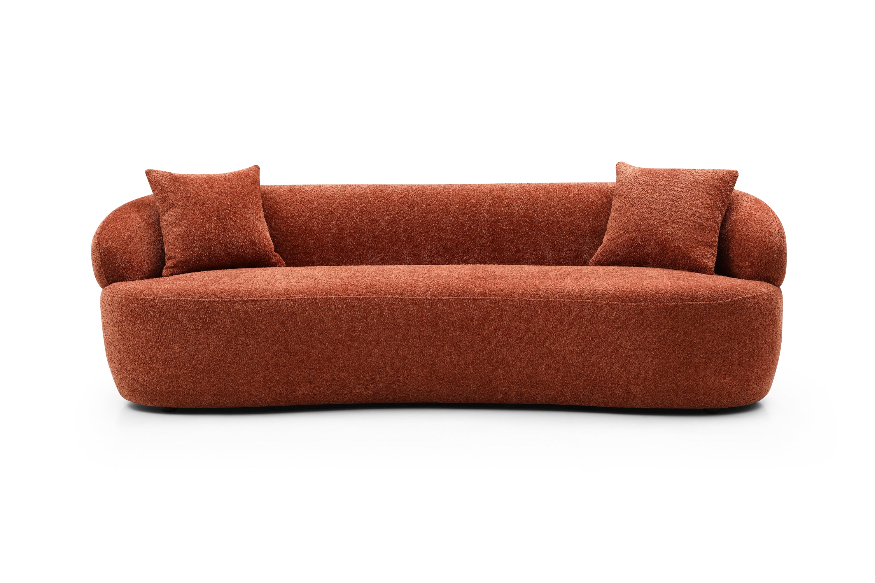A stylish ORANGE Mid Century Modern Curved Sofa featuring a soft Boucle fabric, designed for comfort and elegance in a living room setting.