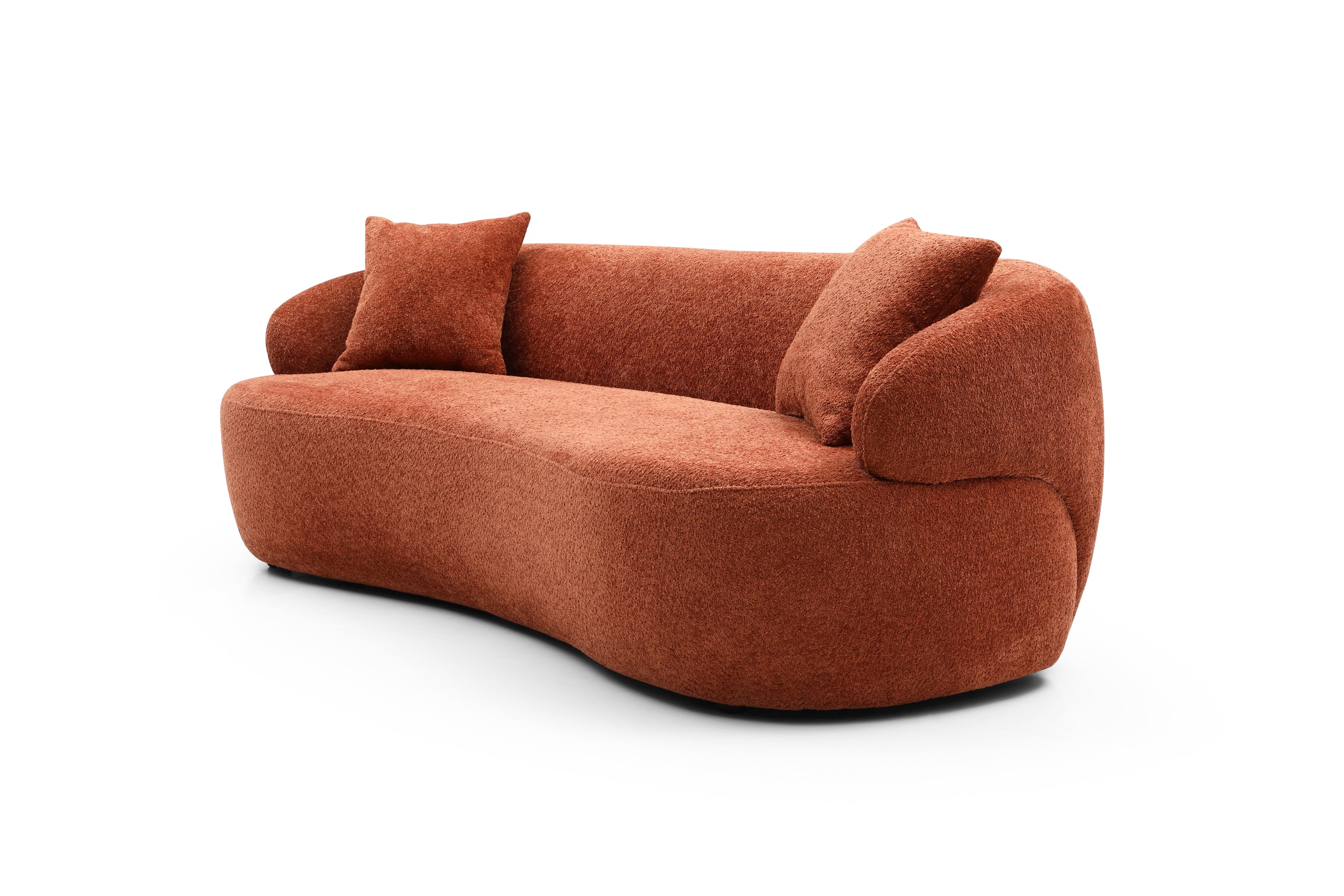 A stylish ORANGE Mid Century Modern Curved Sofa featuring a soft Boucle fabric, designed for comfort and elegance in a living room setting.