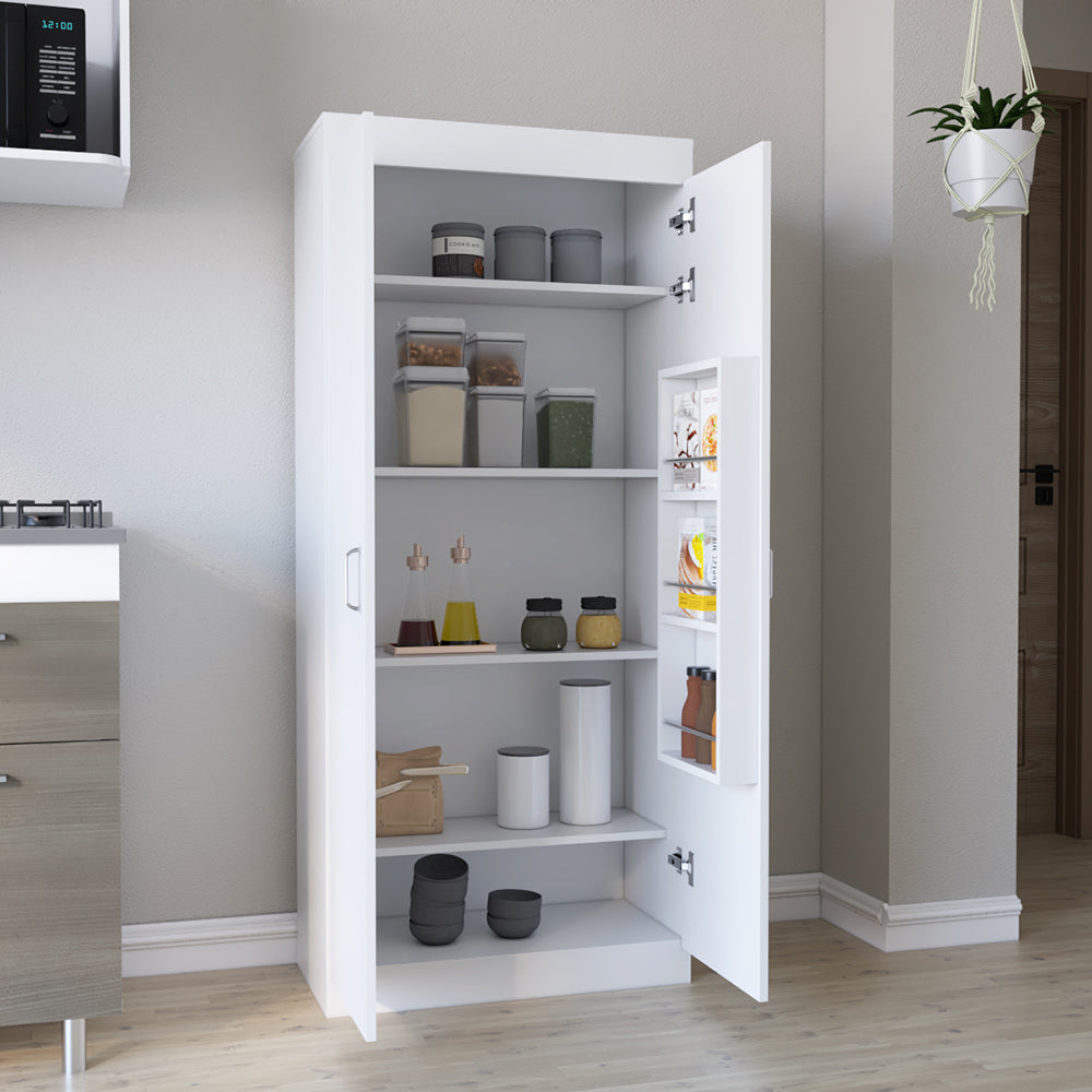 Orlando Pantry Cabinet with five shelves in a sleek white finish, showcasing its modern design and spacious storage capabilities.
