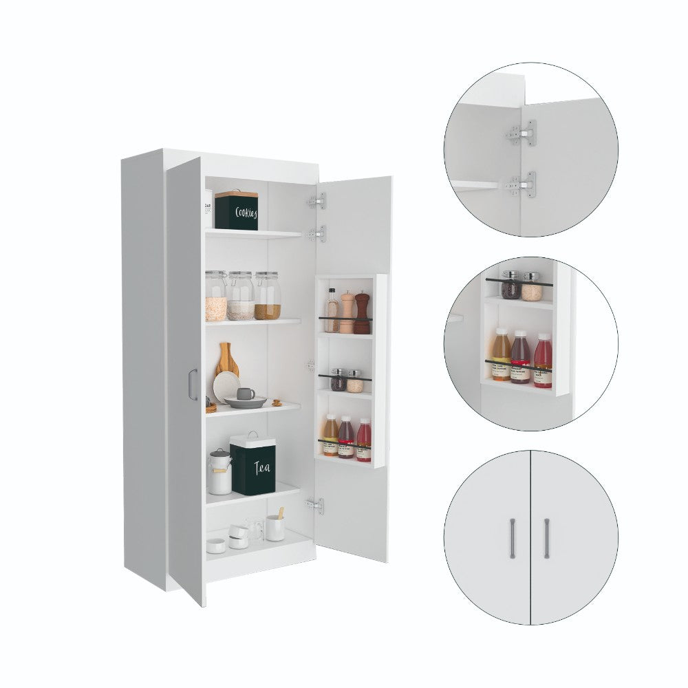 Orlando Pantry Cabinet with five shelves in a sleek white finish, showcasing its modern design and spacious storage capabilities.