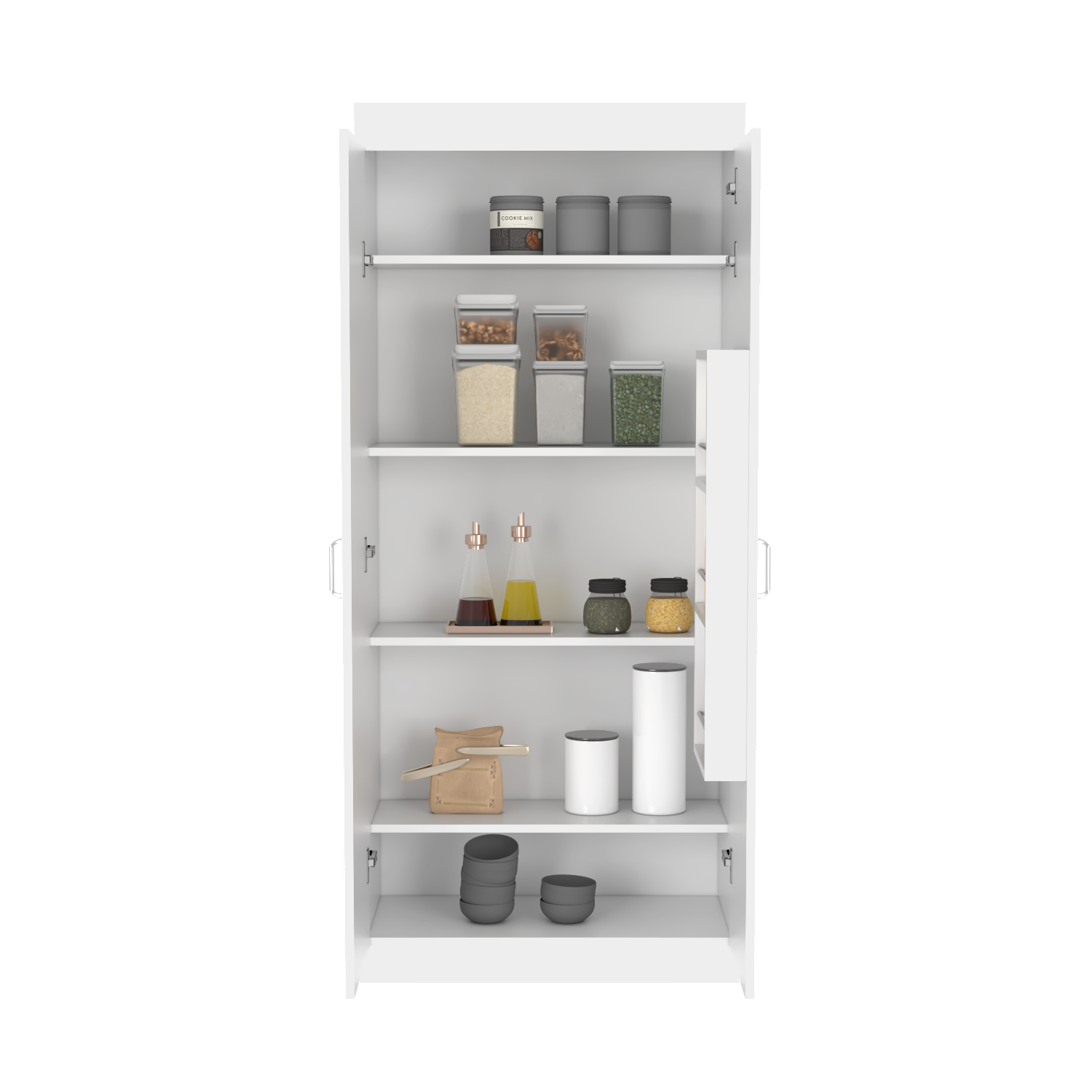 Orlando Pantry Cabinet with five shelves in a sleek white finish, showcasing its modern design and spacious storage capabilities.