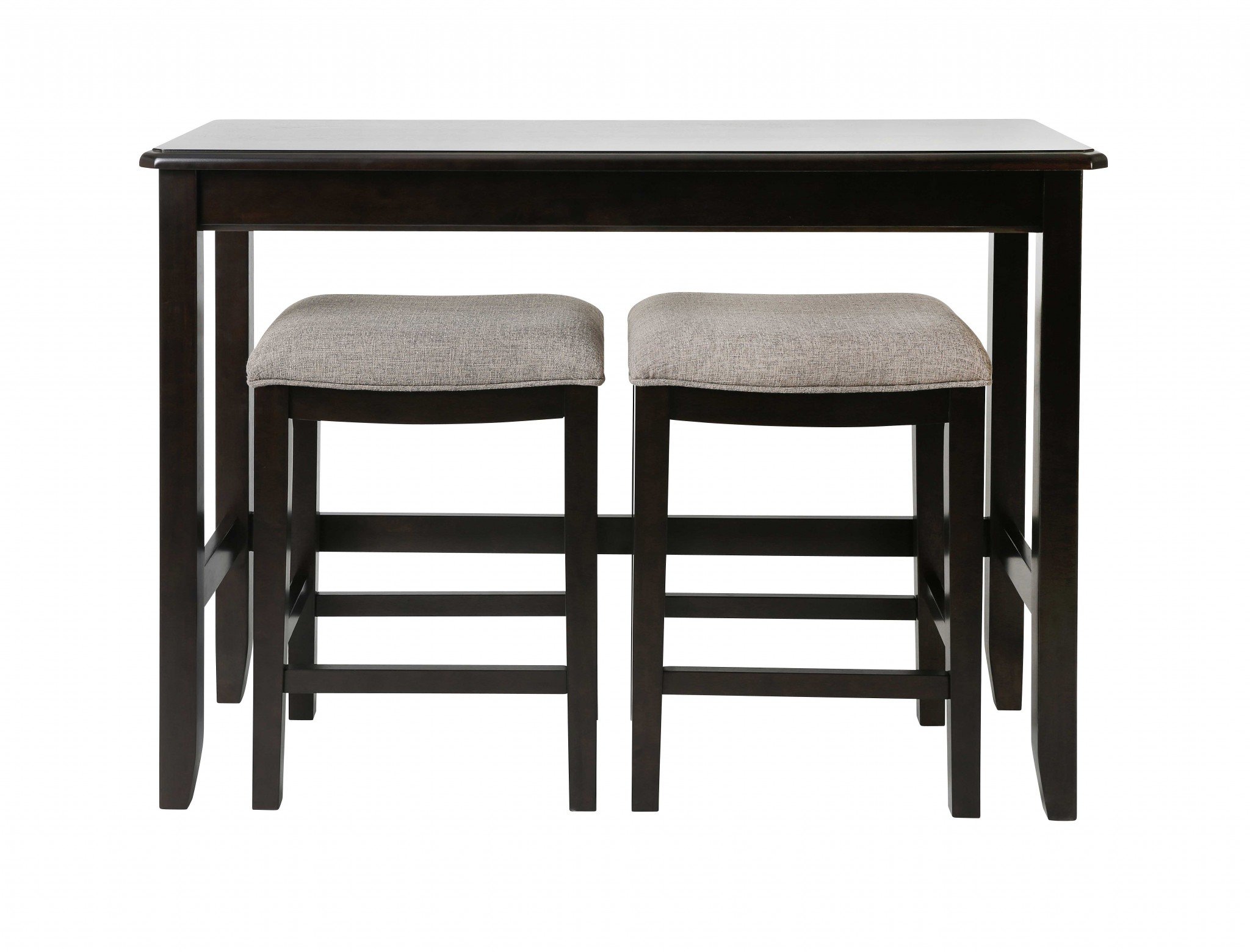 Perfecto Espresso Finish Sofa Table with Two Bar Stools featuring a sleek espresso finish and soft taupe fabric upholstery.