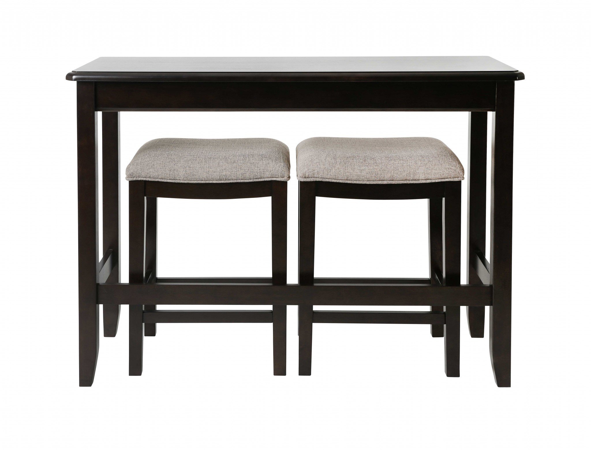 Perfecto Espresso Finish Sofa Table with Two Bar Stools featuring a sleek espresso finish and soft taupe fabric upholstery.