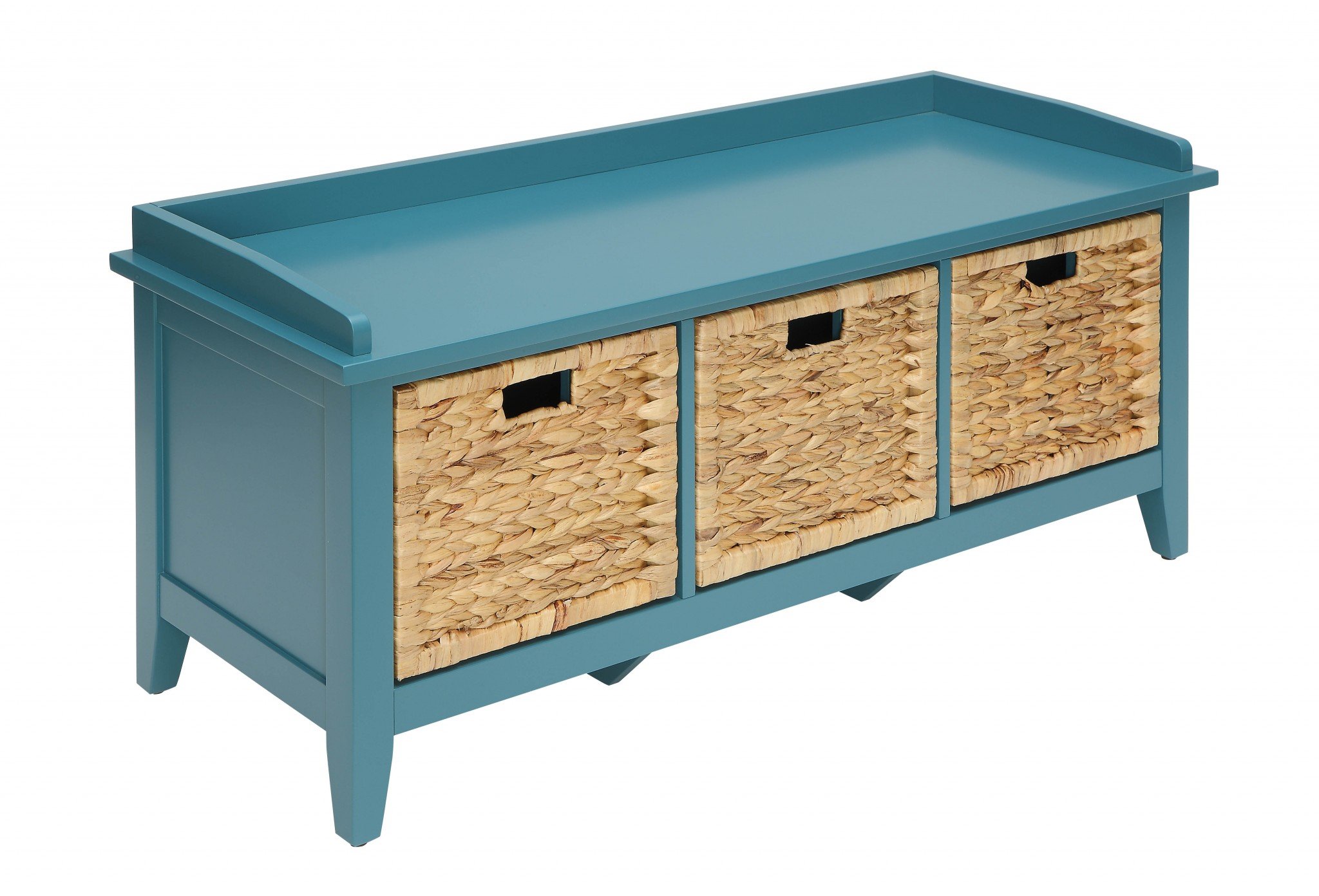 A stylish teal storage bench with a wooden seat and frame, featuring basket front drawer storage compartments for organization.