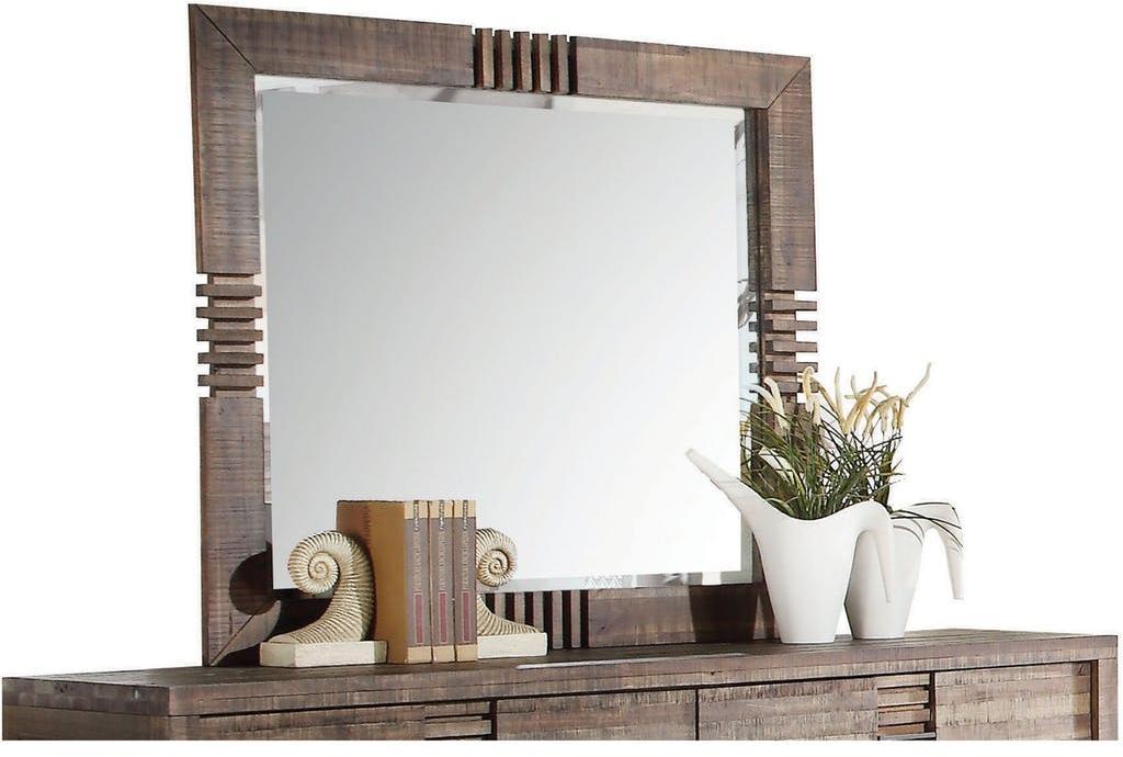 Reclaimed Oak Finish Rectangular Mirror with unique slat pattern, enhancing bedroom decor.