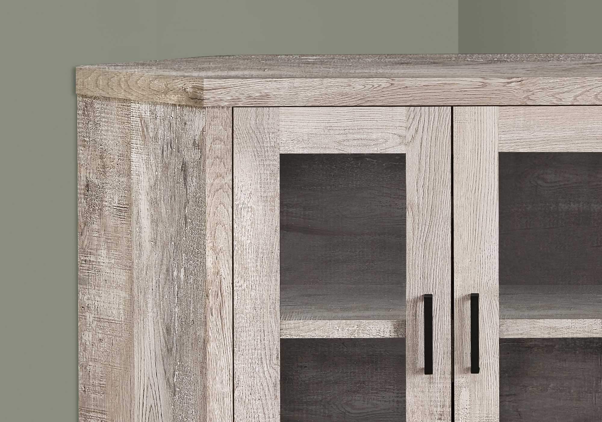 Reclaimed wood taupe finish corner TV stand with glass doors, showcasing a stylish design and ample storage space.