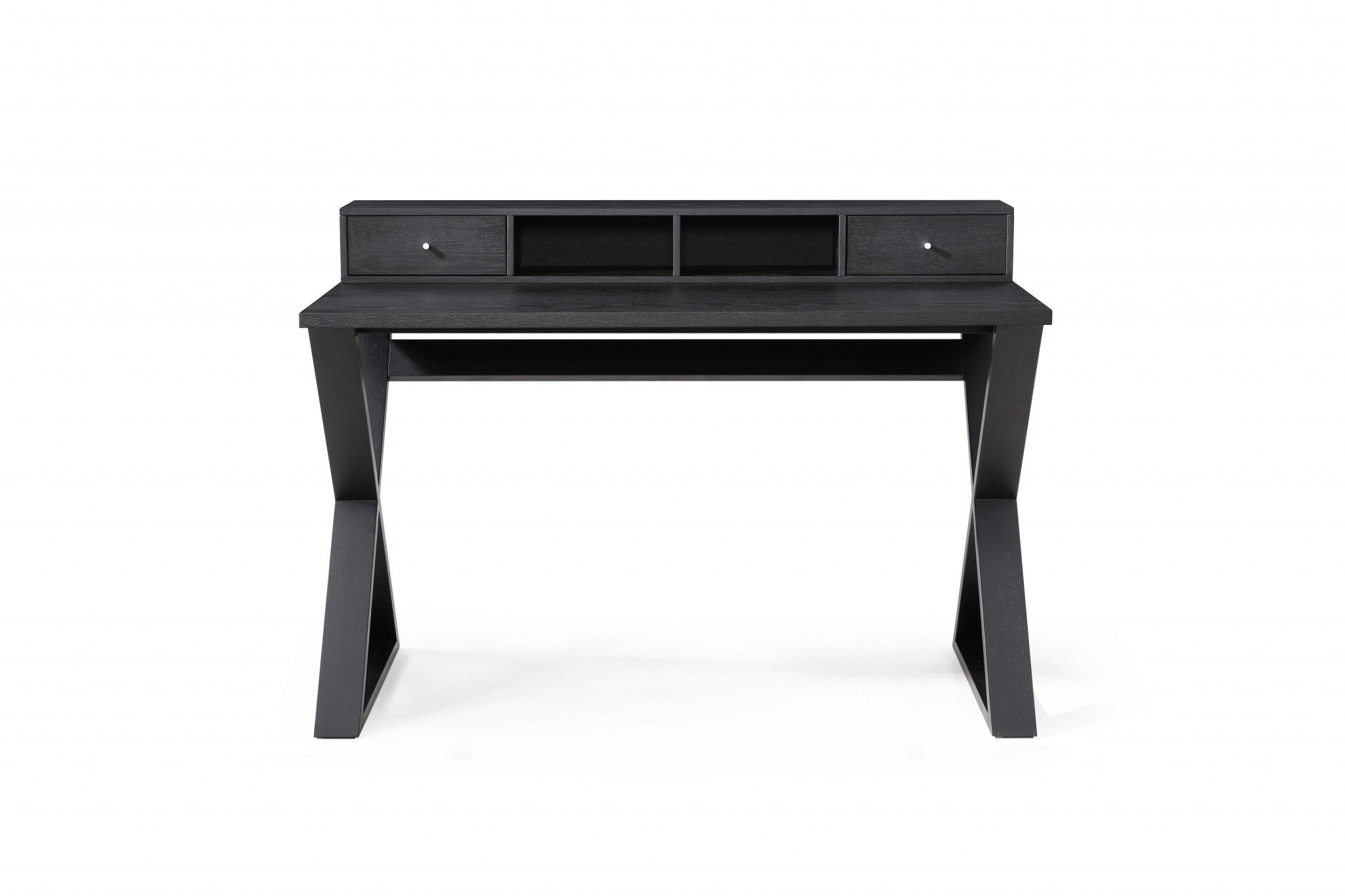 Rectangular black veneer desk with two small drawers, showcasing a sleek and modern design suitable for home or office use.