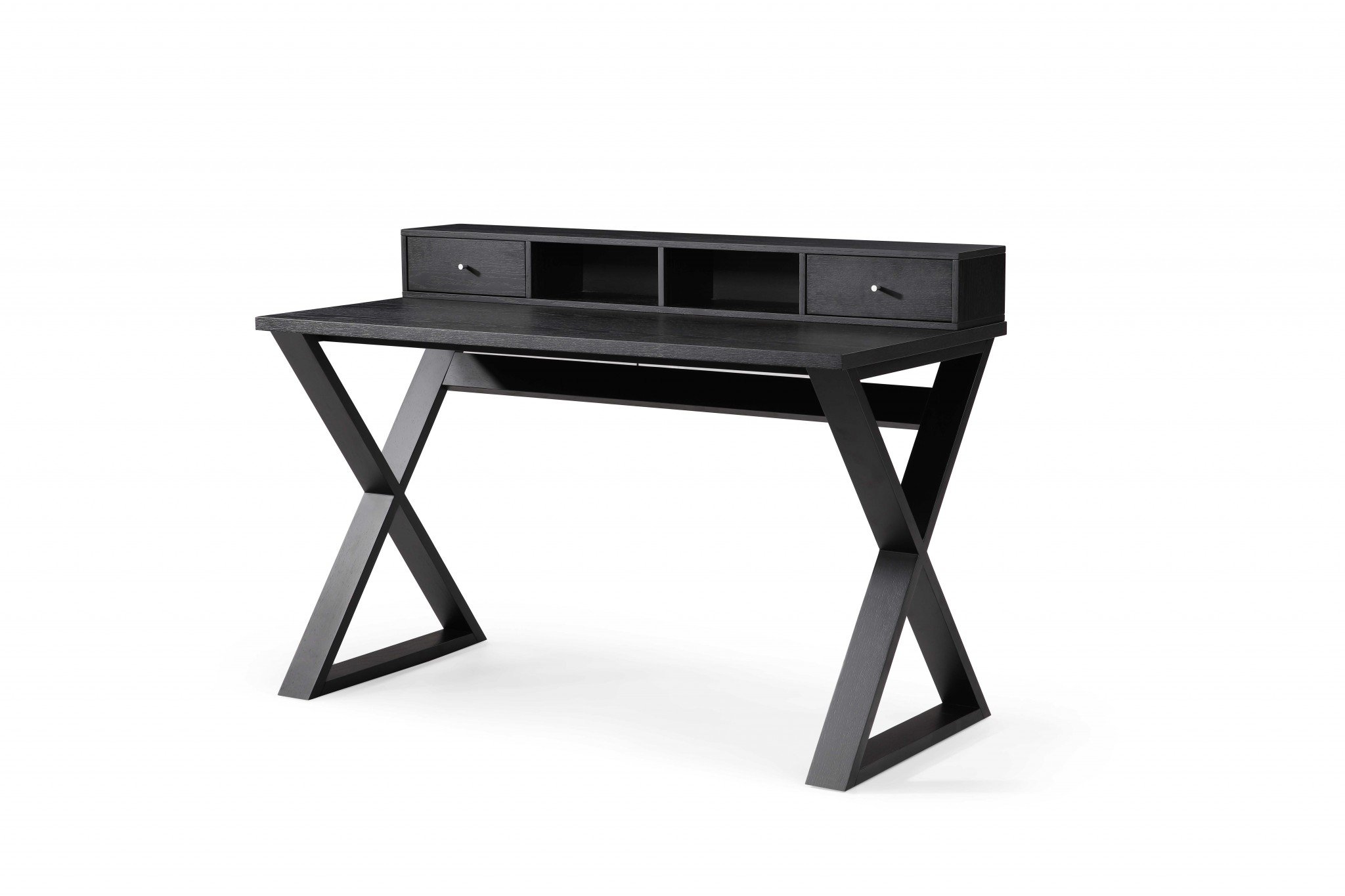 Rectangular black veneer desk with two small drawers, showcasing a sleek and modern design suitable for home or office use.