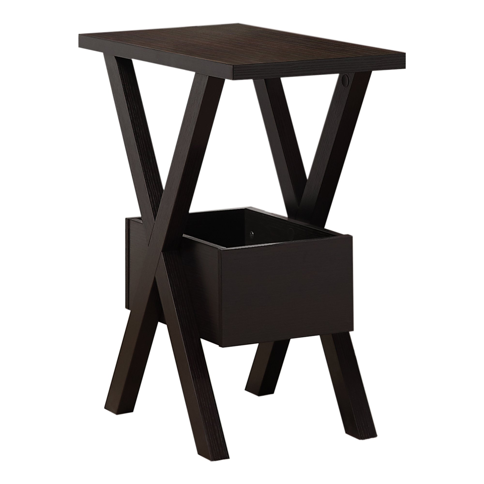 Rectangular dark taupe laminated wood accent table with cross legs, featuring a spacious top and open cubby for storage.