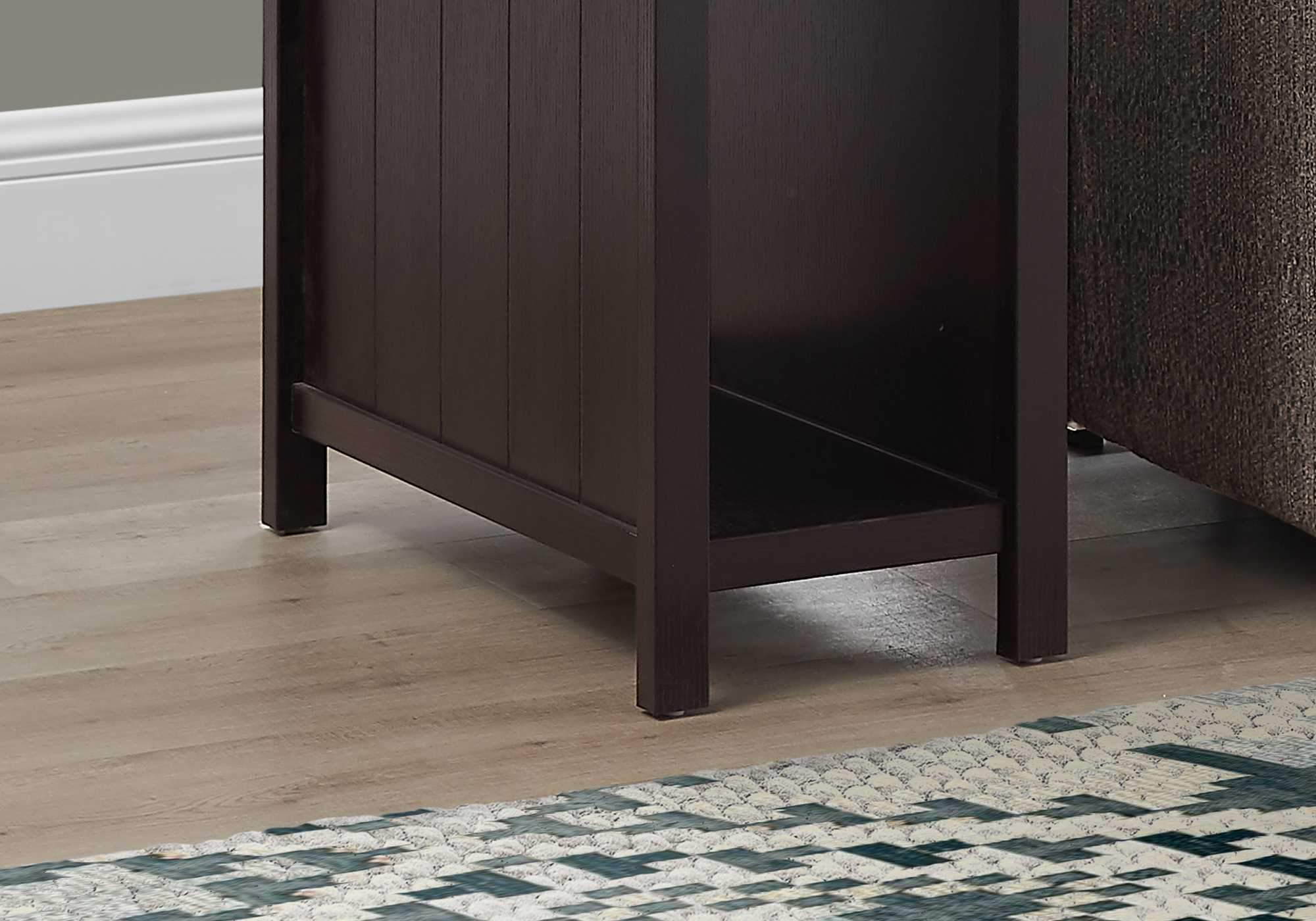 Rectangular espresso accent table with smooth laminated finish, featuring a thick tabletop and open back cubby for storage.