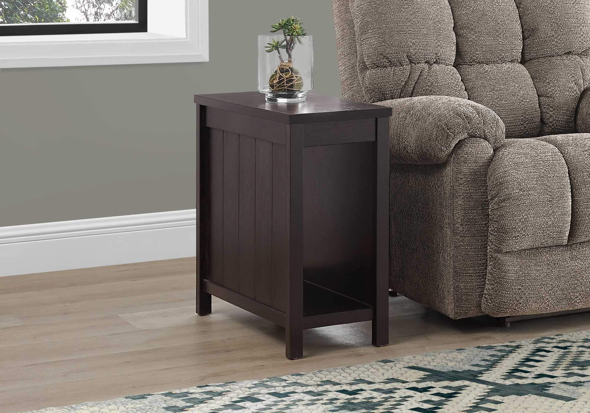 Rectangular espresso accent table with smooth laminated finish, featuring a thick tabletop and open back cubby for storage.