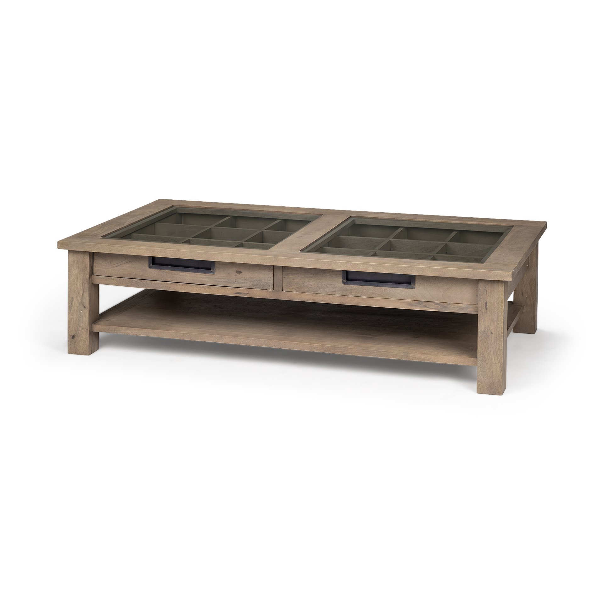 Rectangular coffee table with glass top and solid wood base, featuring two drawers and a wooden shelf, elegantly designed for modern living spaces.