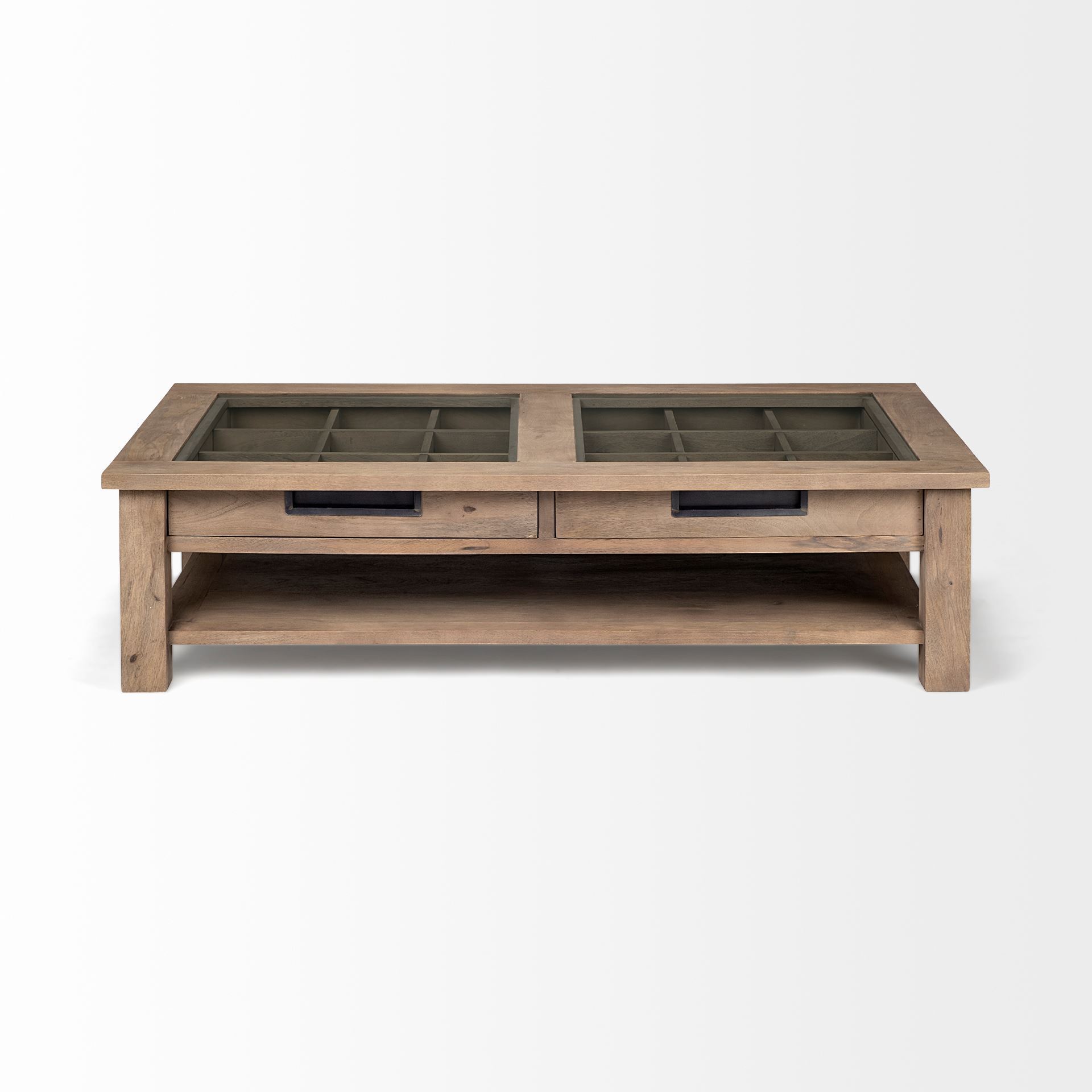 Rectangular coffee table with glass top and solid wood base, featuring two drawers and a wooden shelf, elegantly designed for modern living spaces.