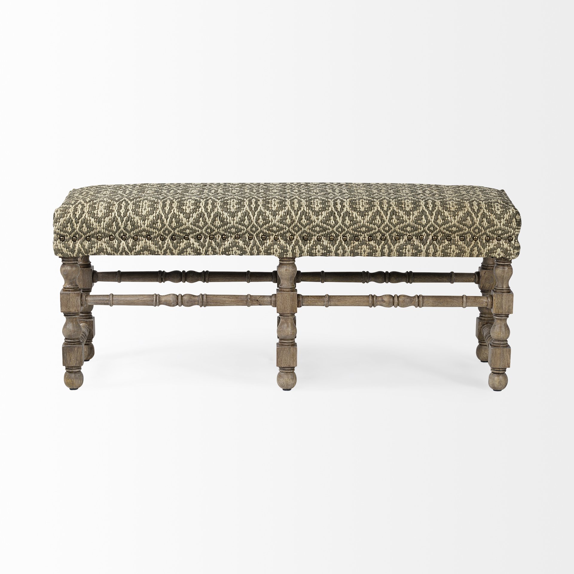 Rectangular accent bench made of Indian mango wood with a hand-woven jute patterned top and brass hobnail accents, featuring a light brown solid wood base.