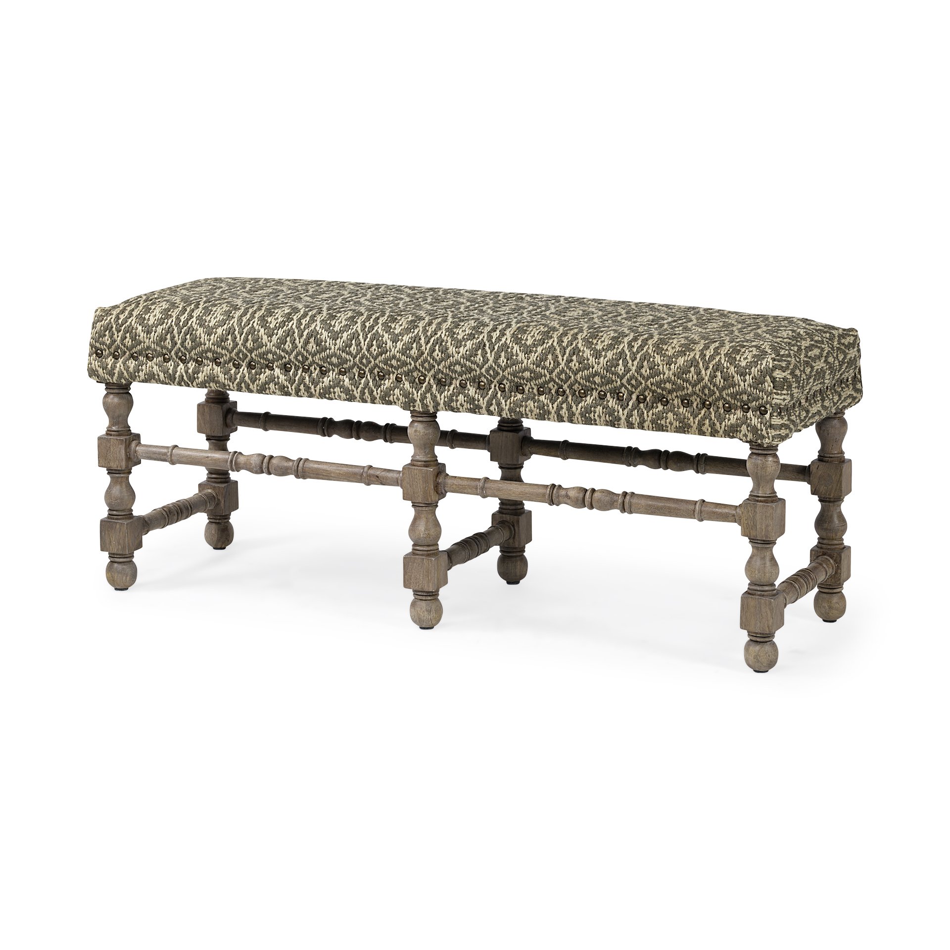 Rectangular accent bench made of Indian mango wood with a hand-woven jute patterned top and brass hobnail accents, featuring a light brown solid wood base.