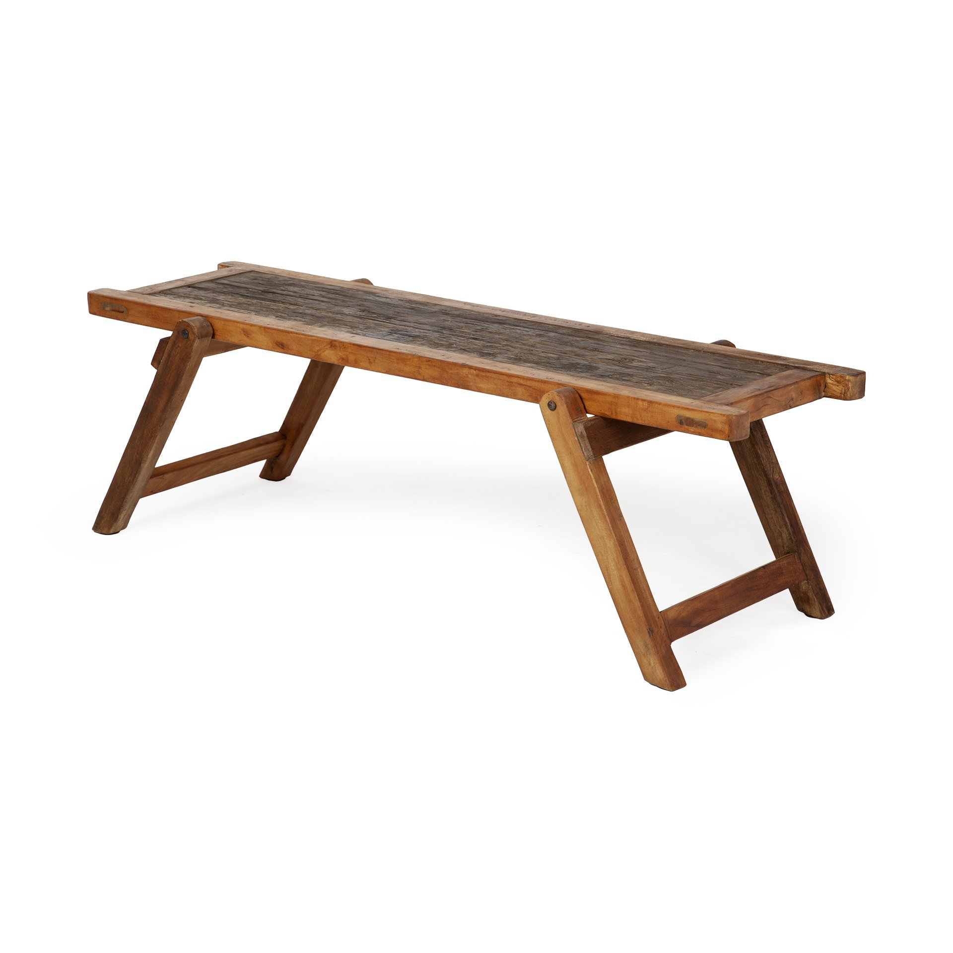 Rectangular mango wood rustic cot style dining bench with angular wide legs, showcasing natural wood grain and rustic finish.