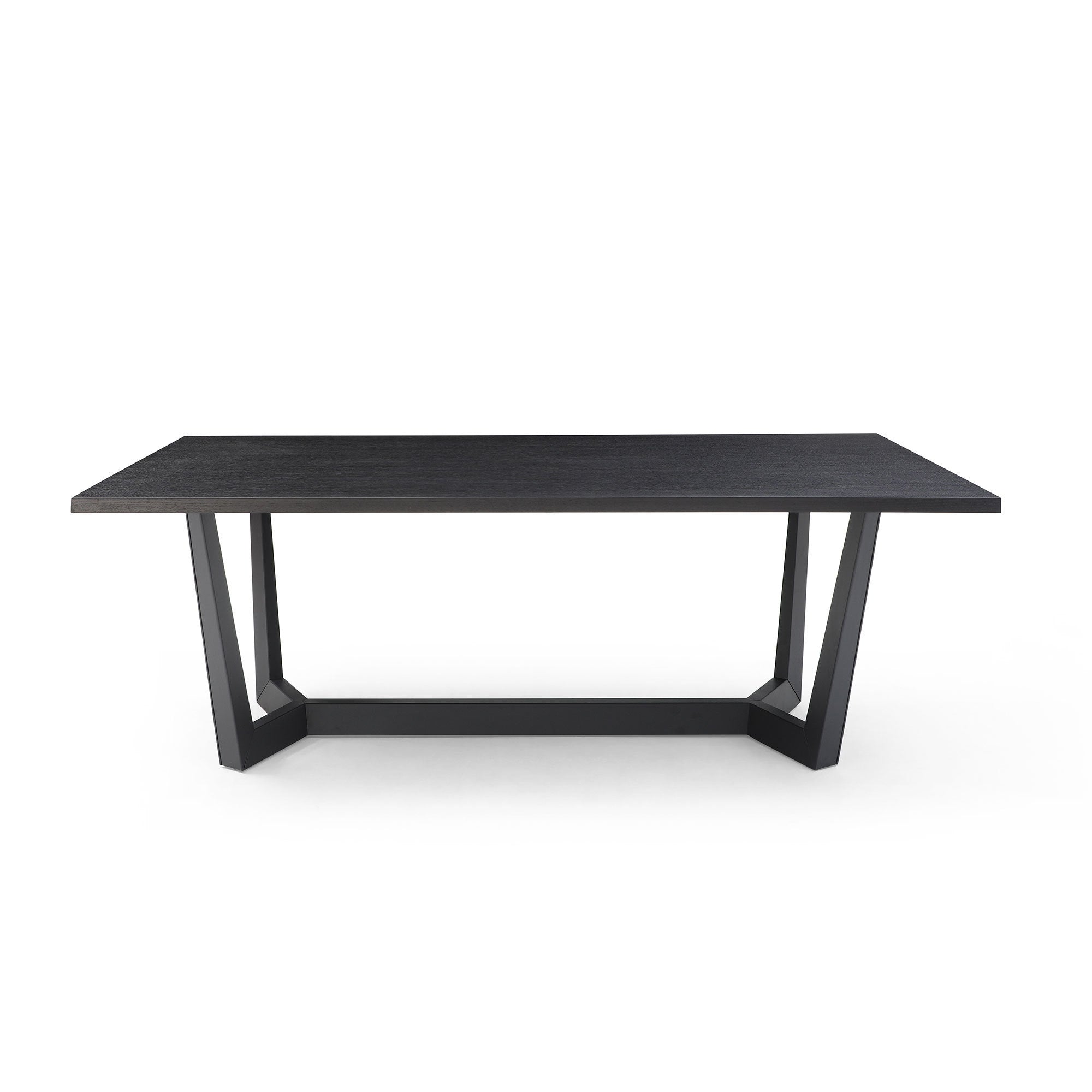 Rectangular MDF Dining Table in matte black finish, featuring a mid-century modern design with stable X-legs, suitable for dining rooms and cafes.