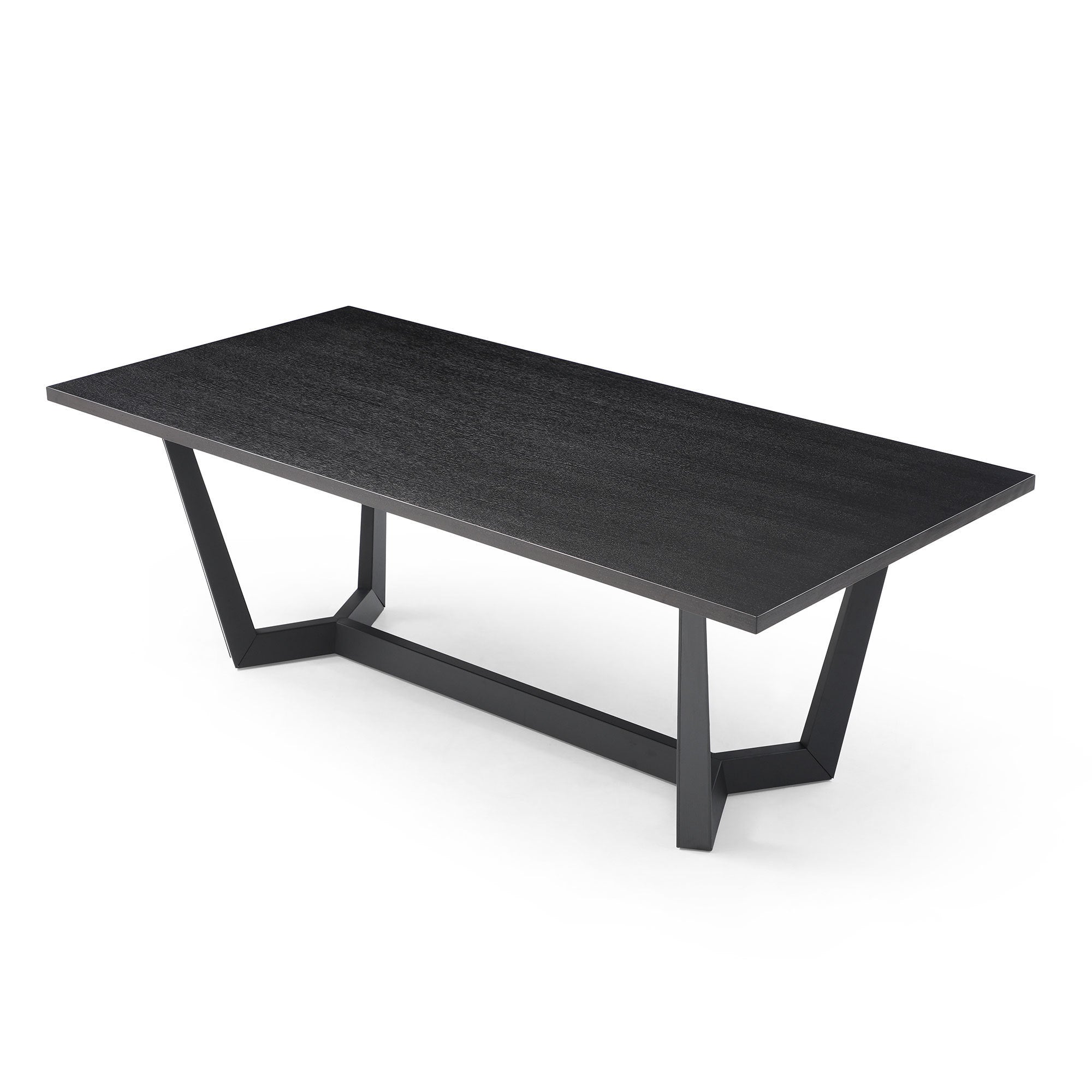 Rectangular MDF Dining Table in matte black finish, featuring a mid-century modern design with stable X-legs, suitable for dining rooms and cafes.