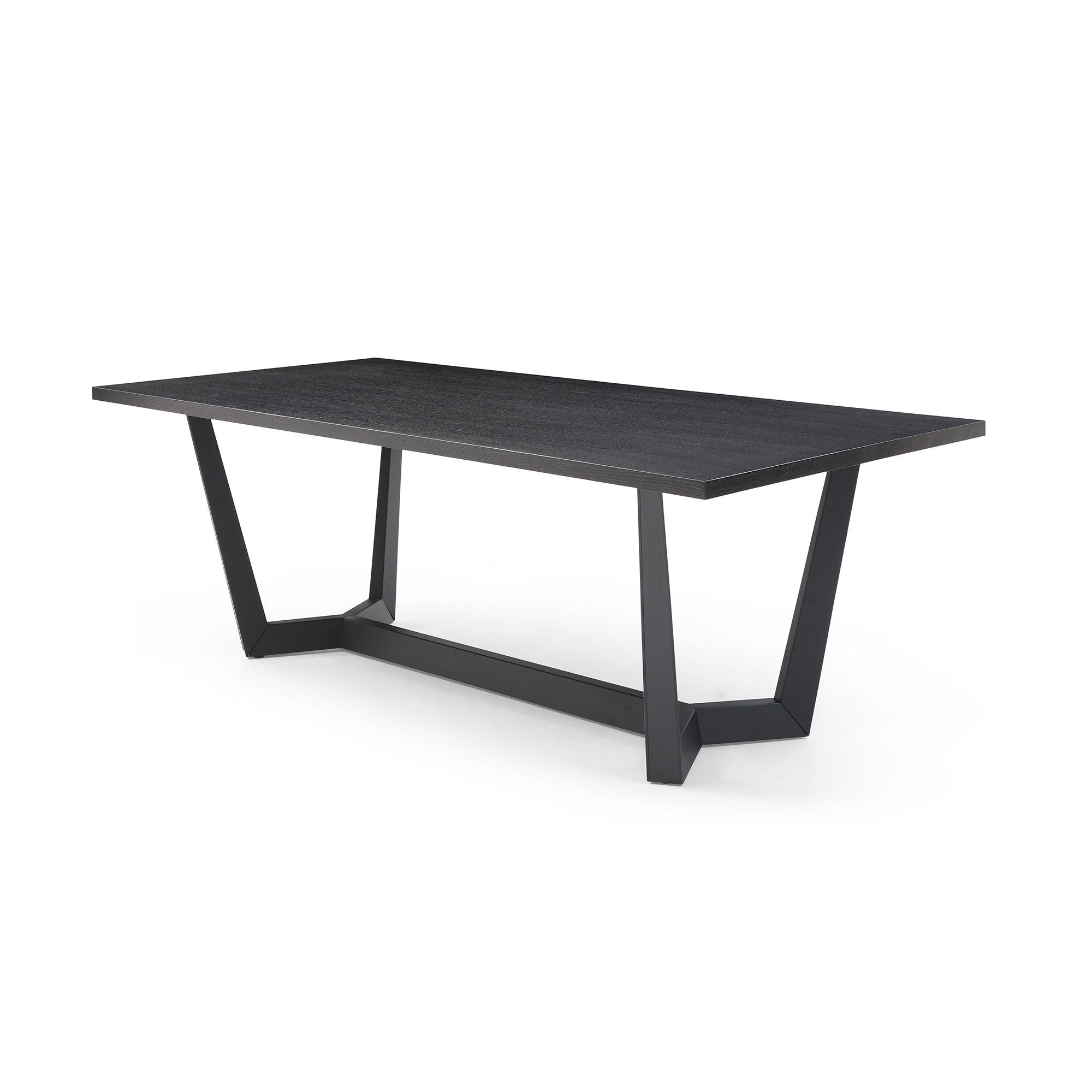 Rectangular MDF Dining Table in matte black finish, featuring a mid-century modern design with stable X-legs, suitable for dining rooms and cafes.