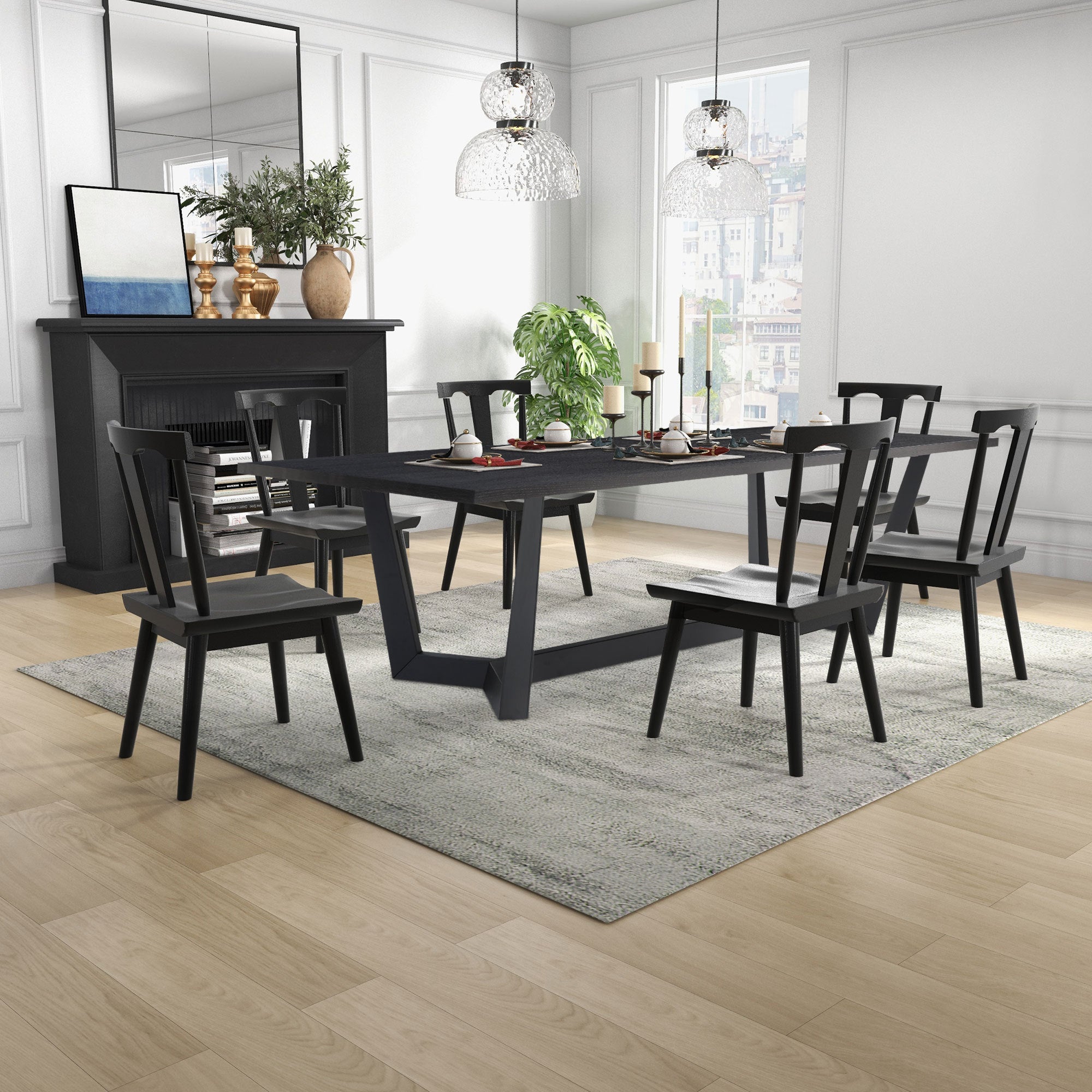 Rectangular MDF Dining Table in matte black finish, featuring a mid-century modern design with stable X-legs, suitable for dining rooms and cafes.