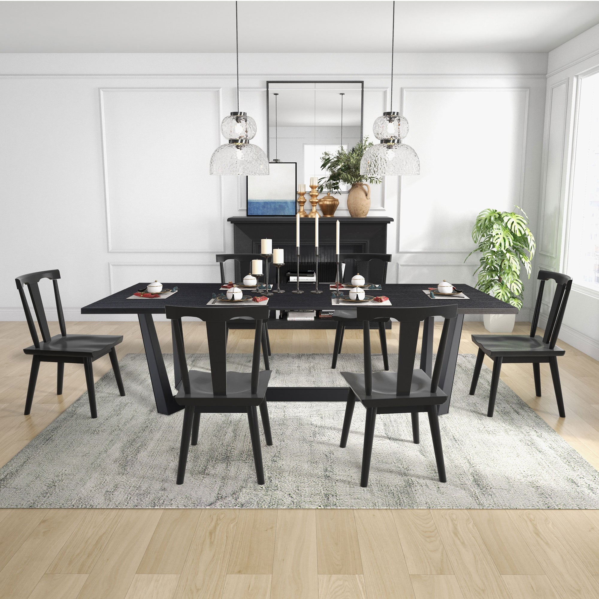 Rectangular MDF Dining Table in matte black finish, featuring a mid-century modern design with stable X-legs, suitable for dining rooms and cafes.