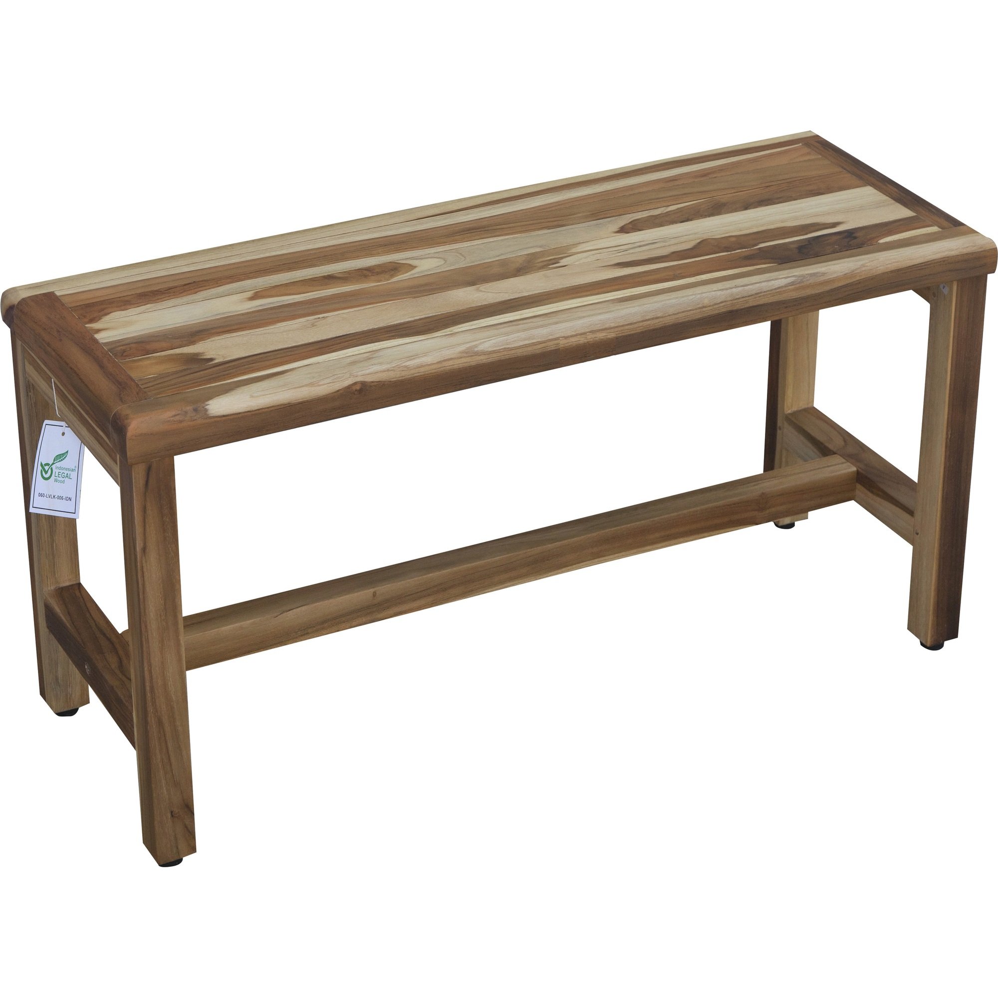 Rectangular teak shower bench in natural finish, showcasing its sturdy design and elegant wood grain.