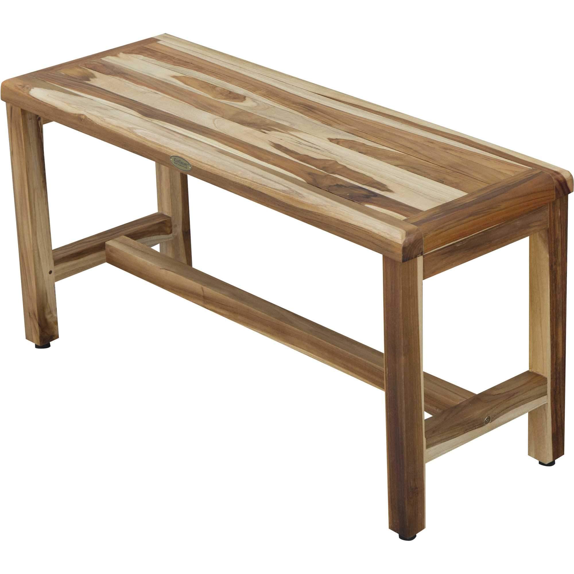 Rectangular teak shower bench in natural finish, showcasing its sturdy design and elegant wood grain.