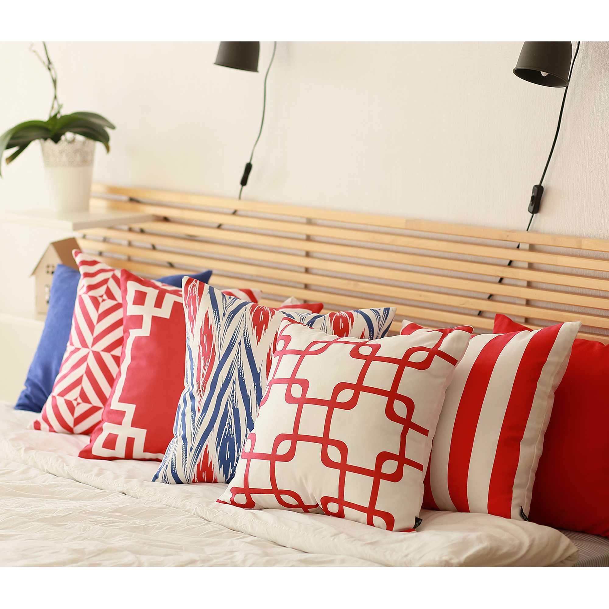 Red and white geometric squares decorative throw pillow cover with hidden zipper, showcasing modern design and luxurious brushed fabric.