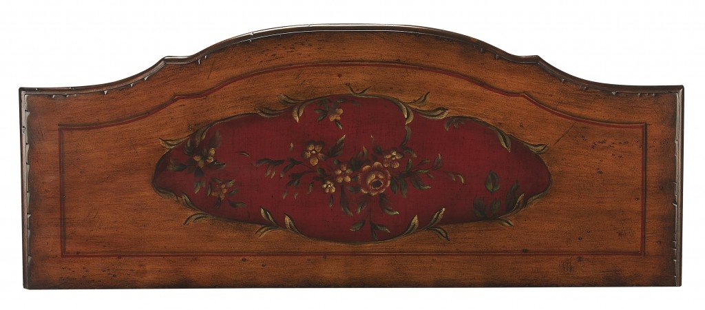 A beautifully crafted red wooden console cabinet with hand-painted design, featuring three felt-lined drawers and antique brass hardware.