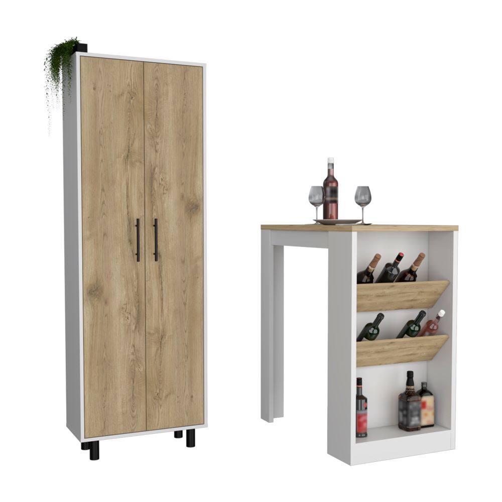 Reston 2 Piece Kitchen Set featuring a white kitchen island and matching pantry cabinet with light oak accents, showcasing elegant design and ample storage.