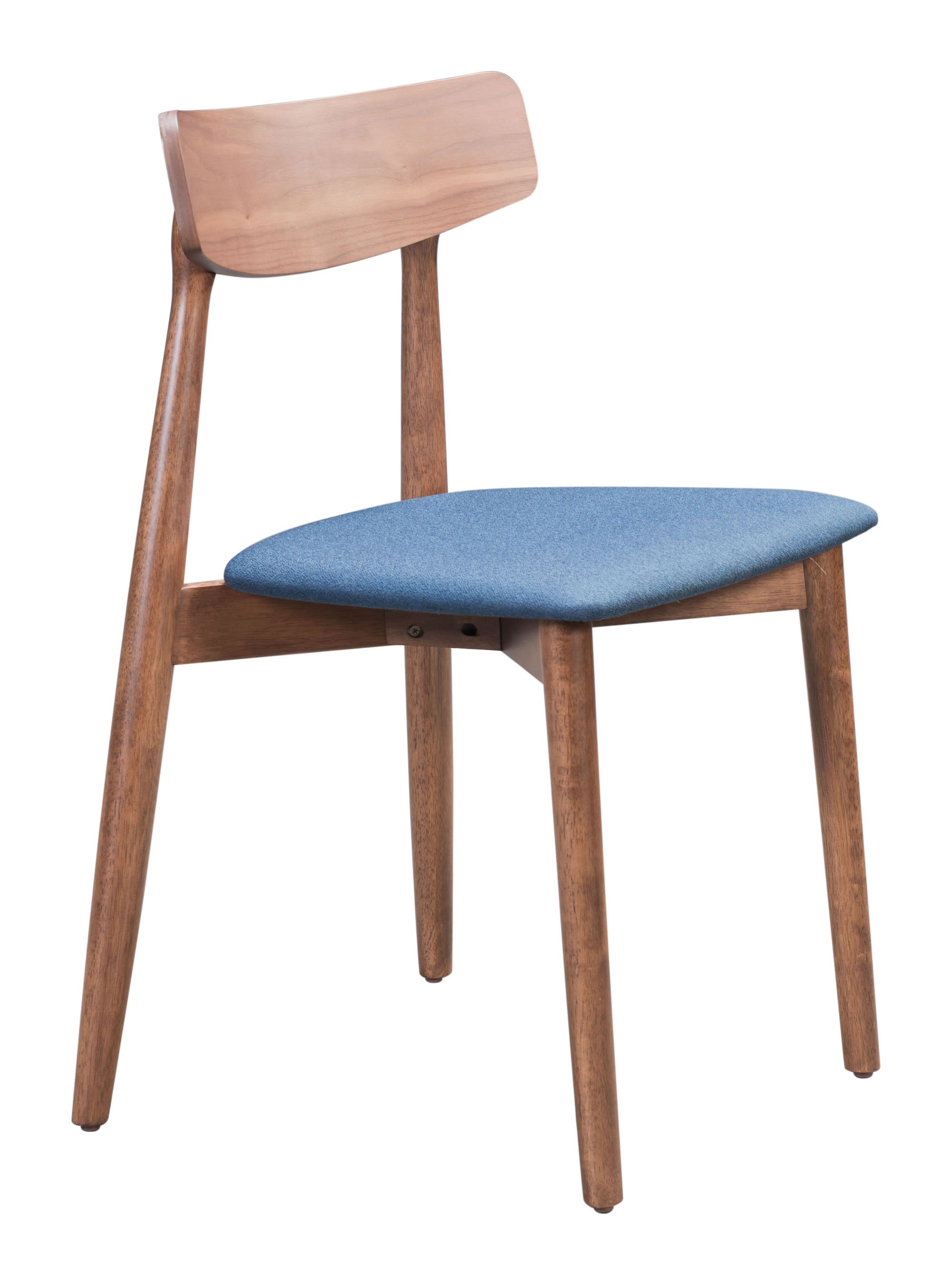 Set of 2 retro-modern dining chairs with walnut finish and navy blue upholstery, showcasing stylish design and sturdy support.