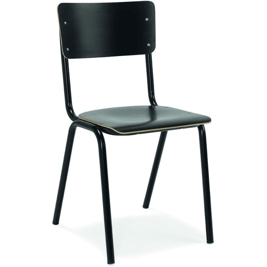 Retro School Chair in Black HPL with wooden seat and metal base, showcasing a stylish and nostalgic design.