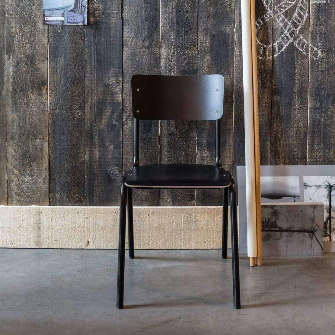 Retro School Chair in Black HPL with wooden seat and metal base, showcasing a stylish and nostalgic design.