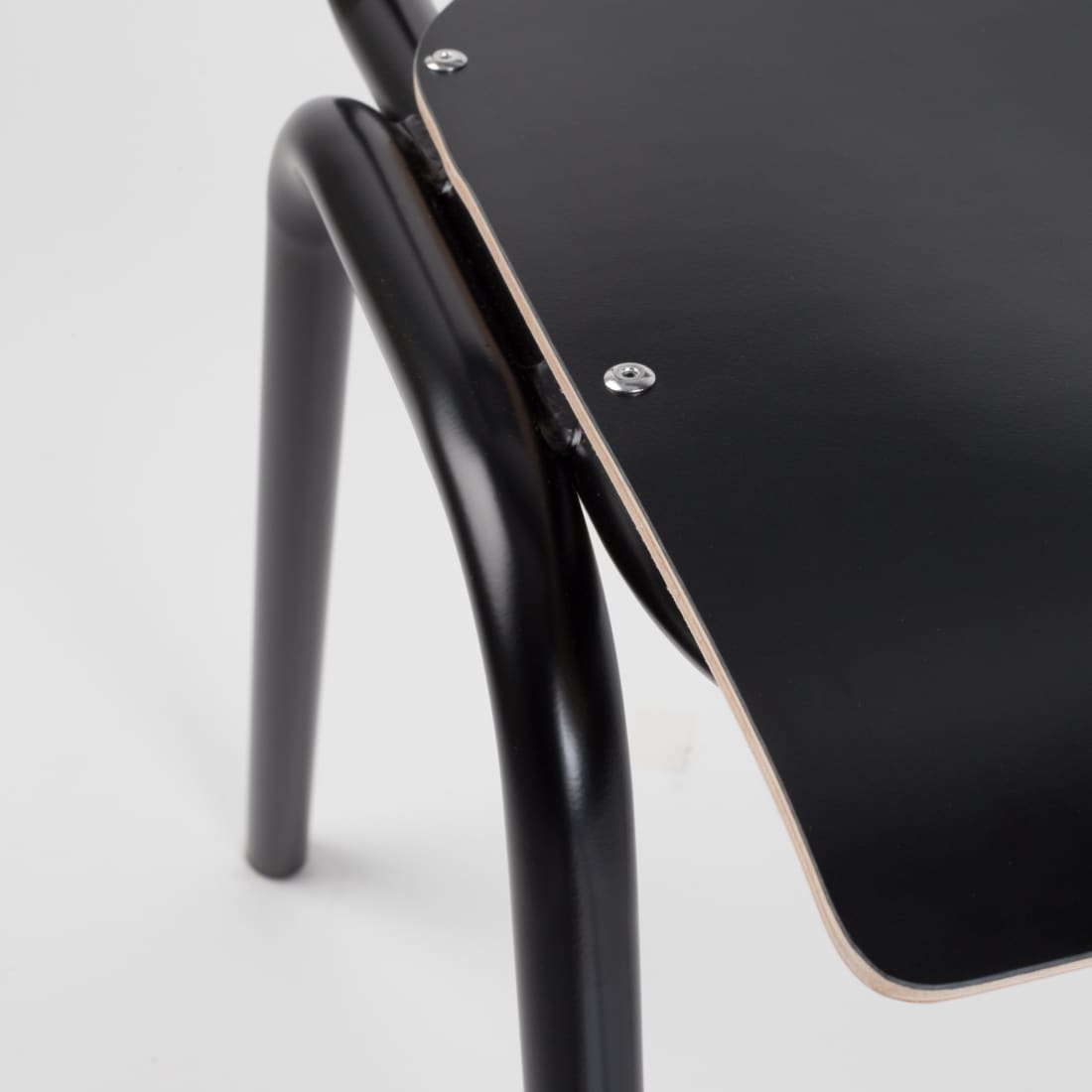 Retro School Chair in Black HPL with wooden seat and metal base, showcasing a stylish and nostalgic design.