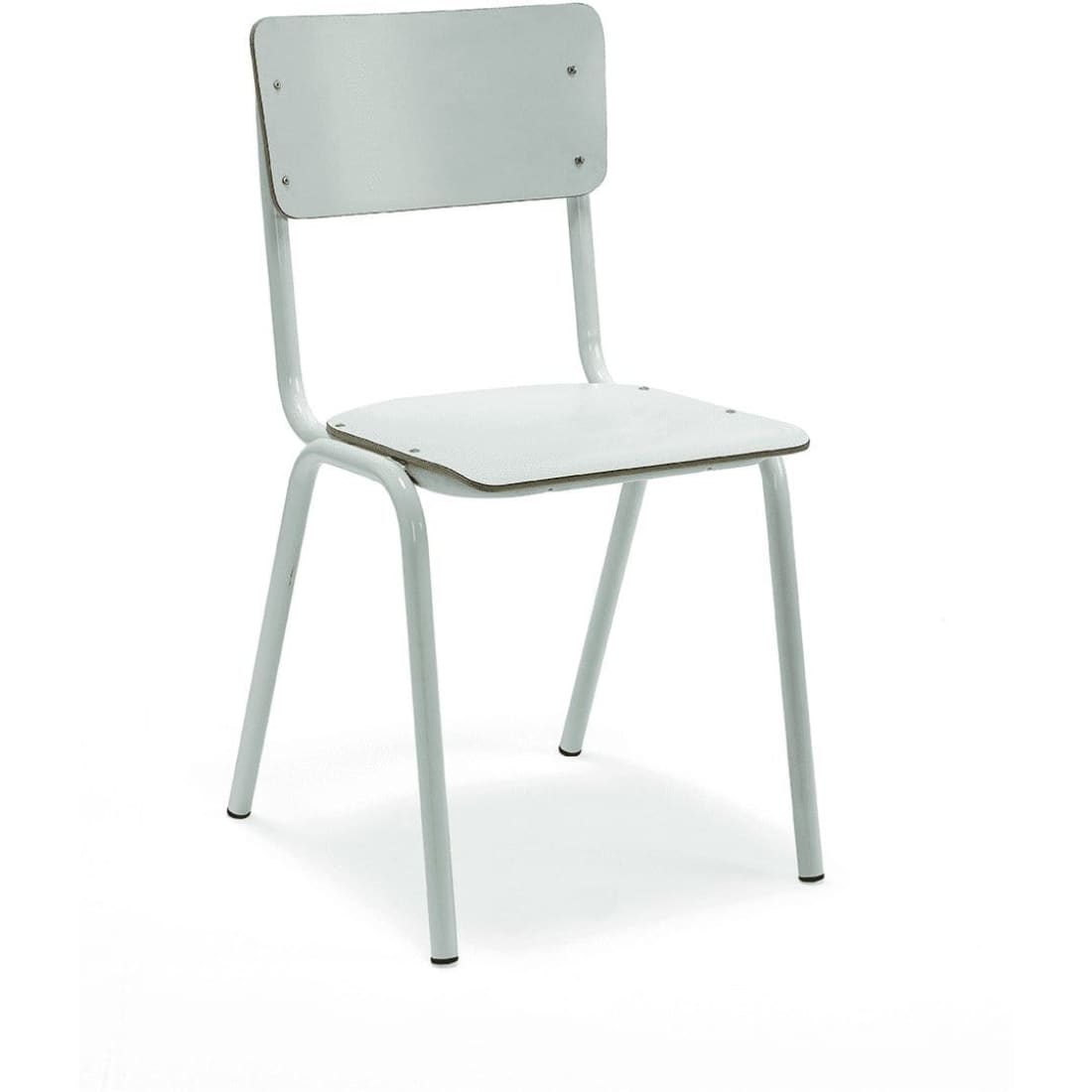 Retro School Chair in White HPL with wooden seat and metal base, showcasing a stylish and nostalgic design.
