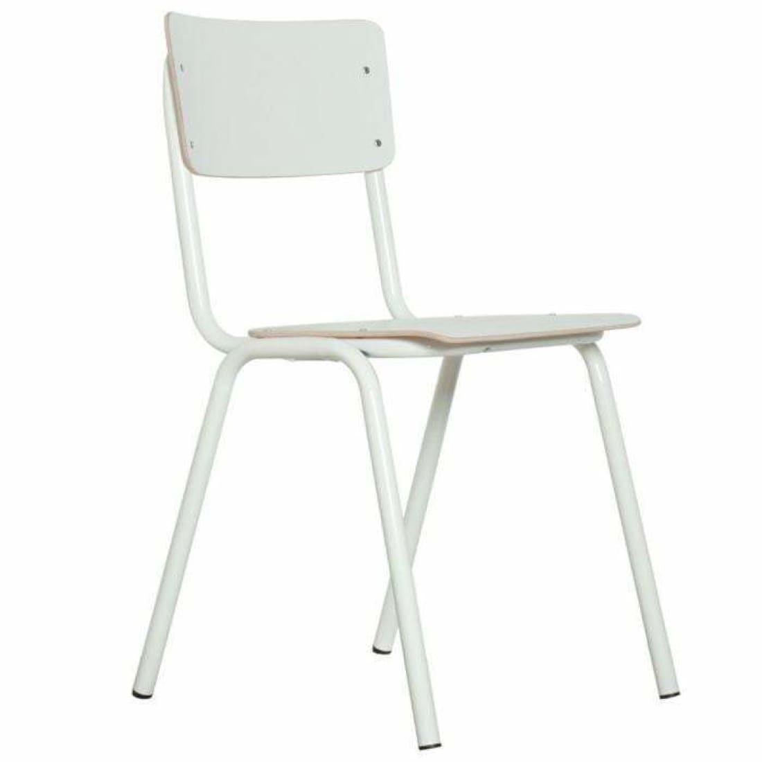 Retro School Chair in White HPL with wooden seat and metal base, showcasing a stylish and nostalgic design.