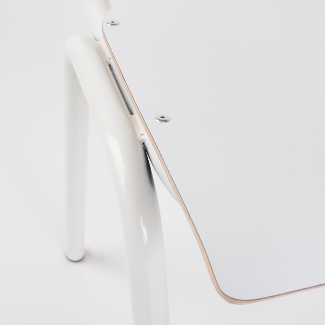 Retro School Chair in White HPL with wooden seat and metal base, showcasing a stylish and nostalgic design.