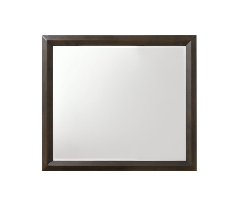 Rich espresso finish wooden rectangular mirror with beveled edges, perfect for bedrooms and dressing rooms, measuring 39 inches by 35 inches.
