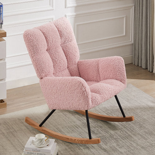 A modern ergonomic rocking chair with soft boucle upholstery, high backrest, and sturdy wooden frame, perfect for nurseries and relaxation.