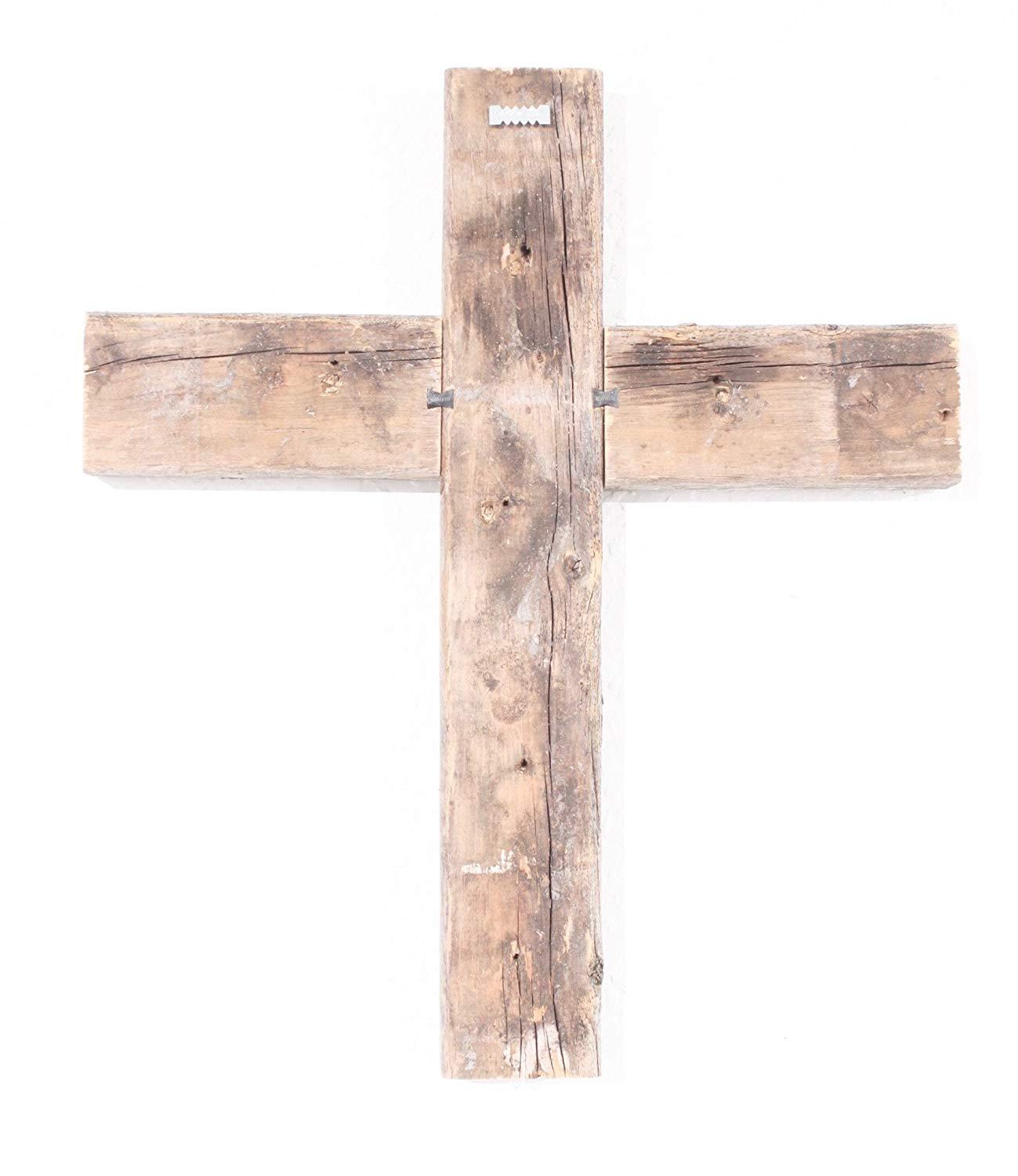 Rustic weathered grey reclaimed wood cross decoration, showcasing a charming farmhouse style with a textured finish.