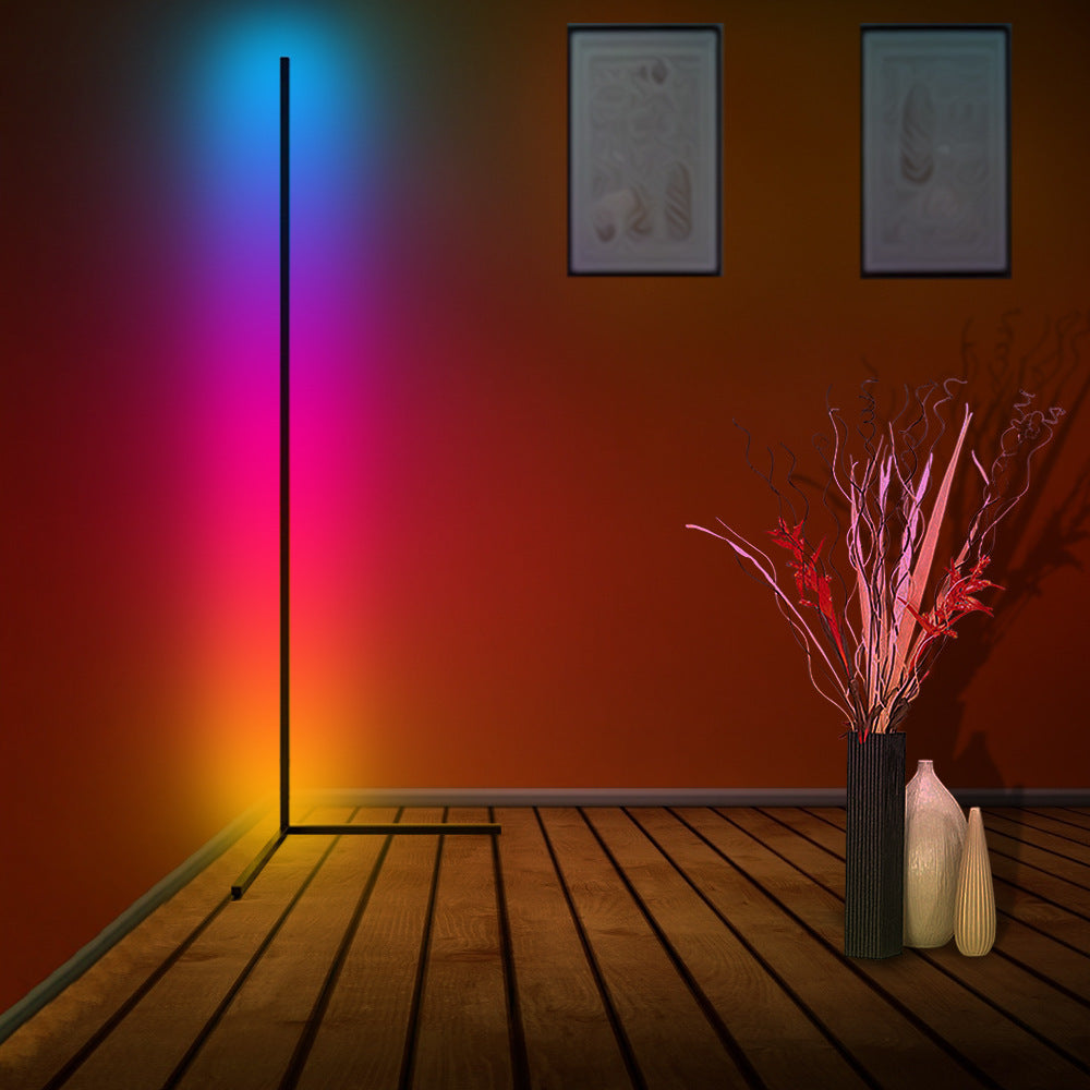 Modern Sectional RGB Triangle Floor Lamp with remote control, showcasing vibrant colors and sleek design, perfect for living rooms and bedrooms.
