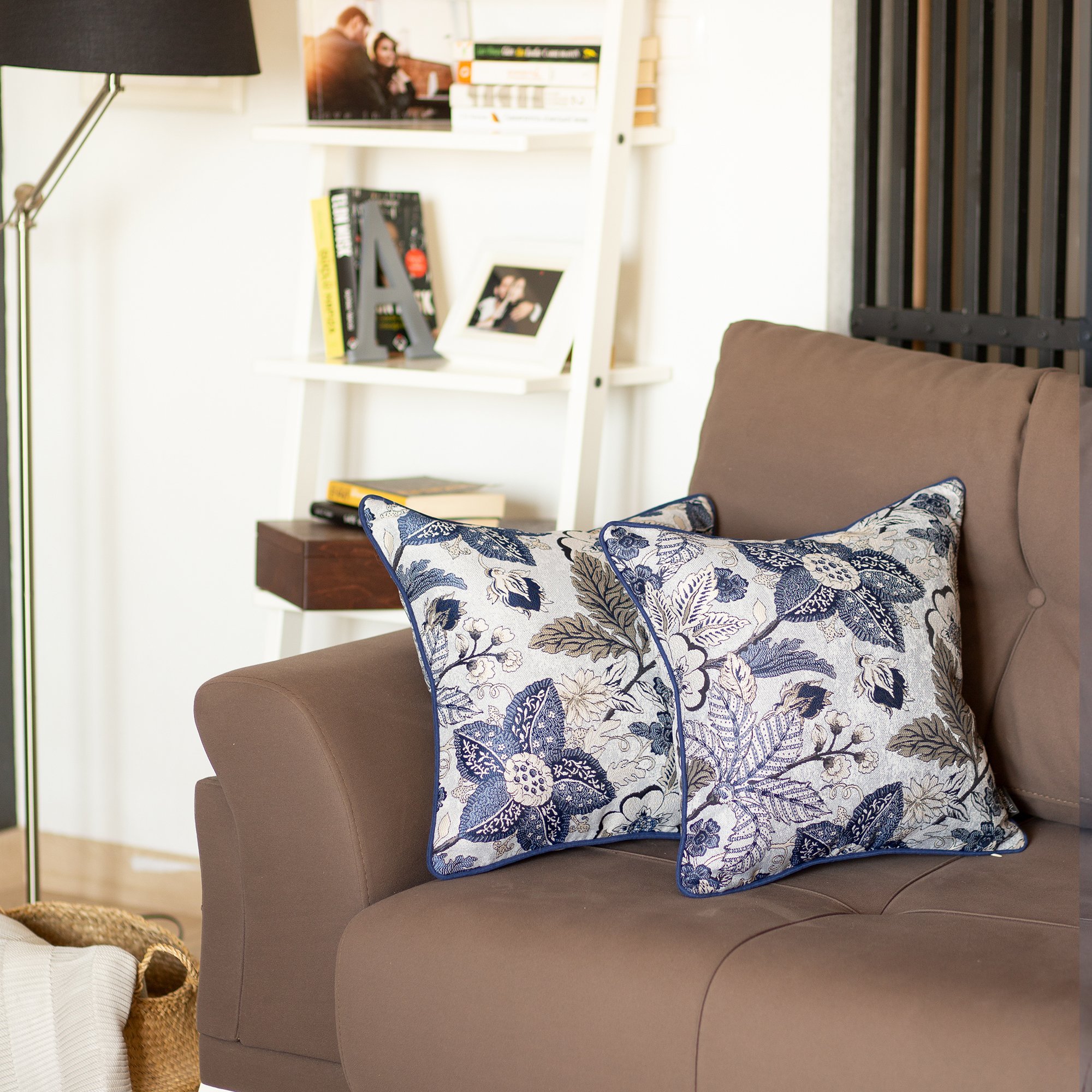 Set of 2 blue jacquard throw pillow covers, featuring intricate patterns and a luxurious texture, perfect for bedroom decor.