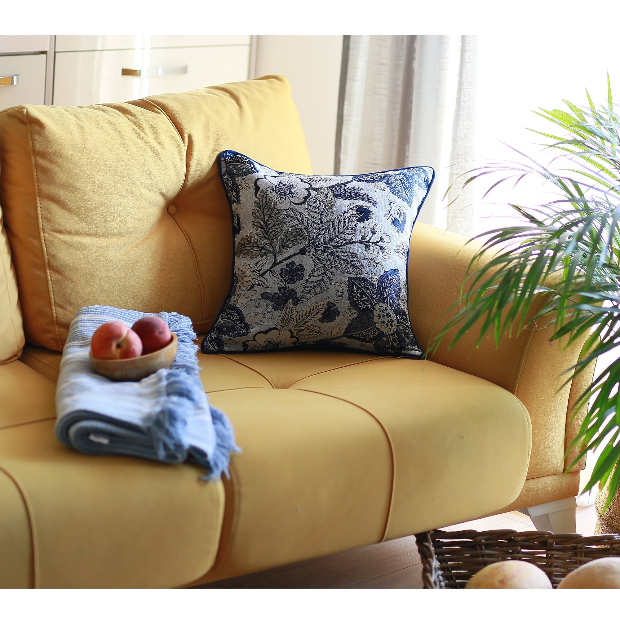 Set of 2 blue jacquard throw pillow covers, featuring intricate patterns and a luxurious texture, perfect for bedroom decor.