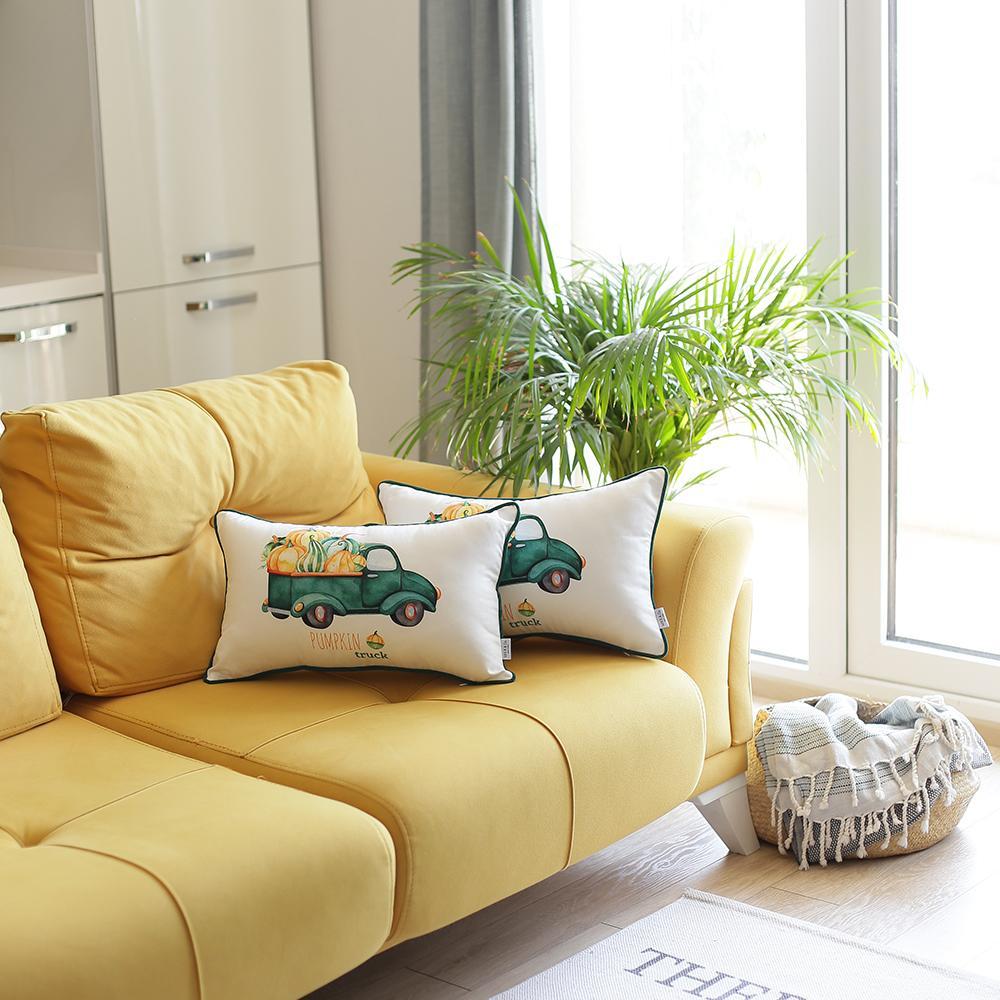 Set of 2 20-inch multicolor Pumpkin Truck lumbar pillow covers featuring a farmhouse design, perfect for home decor.