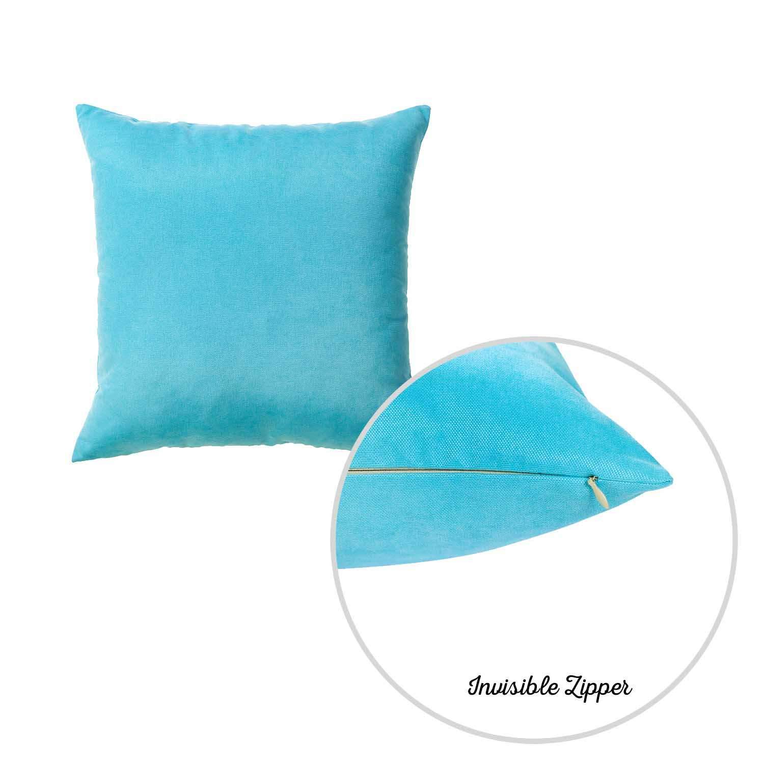 Set of 2 aqua blue decorative throw pillow covers made from brushed twill fabric, featuring a hidden zipper closure for a seamless look.