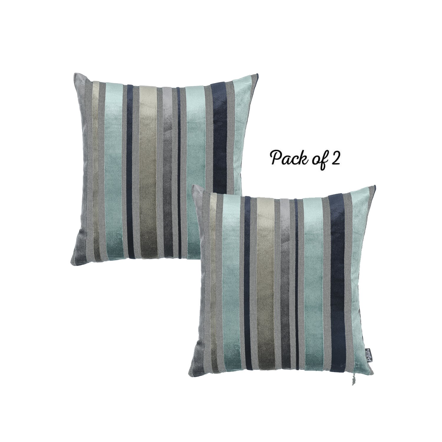 Set of 2 blue variegated stripe decorative pillow covers made from soft velvet fabric, featuring hidden zipper closure and elegant binding edges.