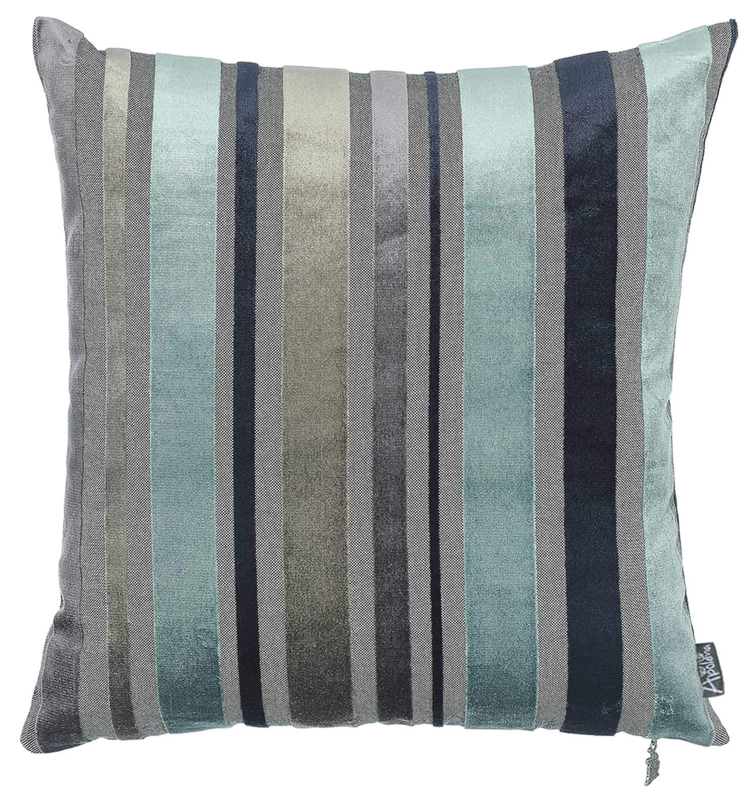Set of 2 blue variegated stripe decorative pillow covers made from soft velvet fabric, featuring hidden zipper closure and elegant binding edges.