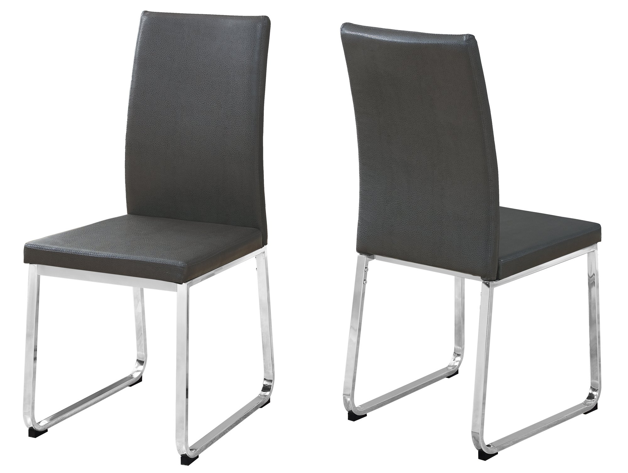 Set of 2 grey faux leather dining chairs with chrome legs, showcasing modern design and comfortable seating.