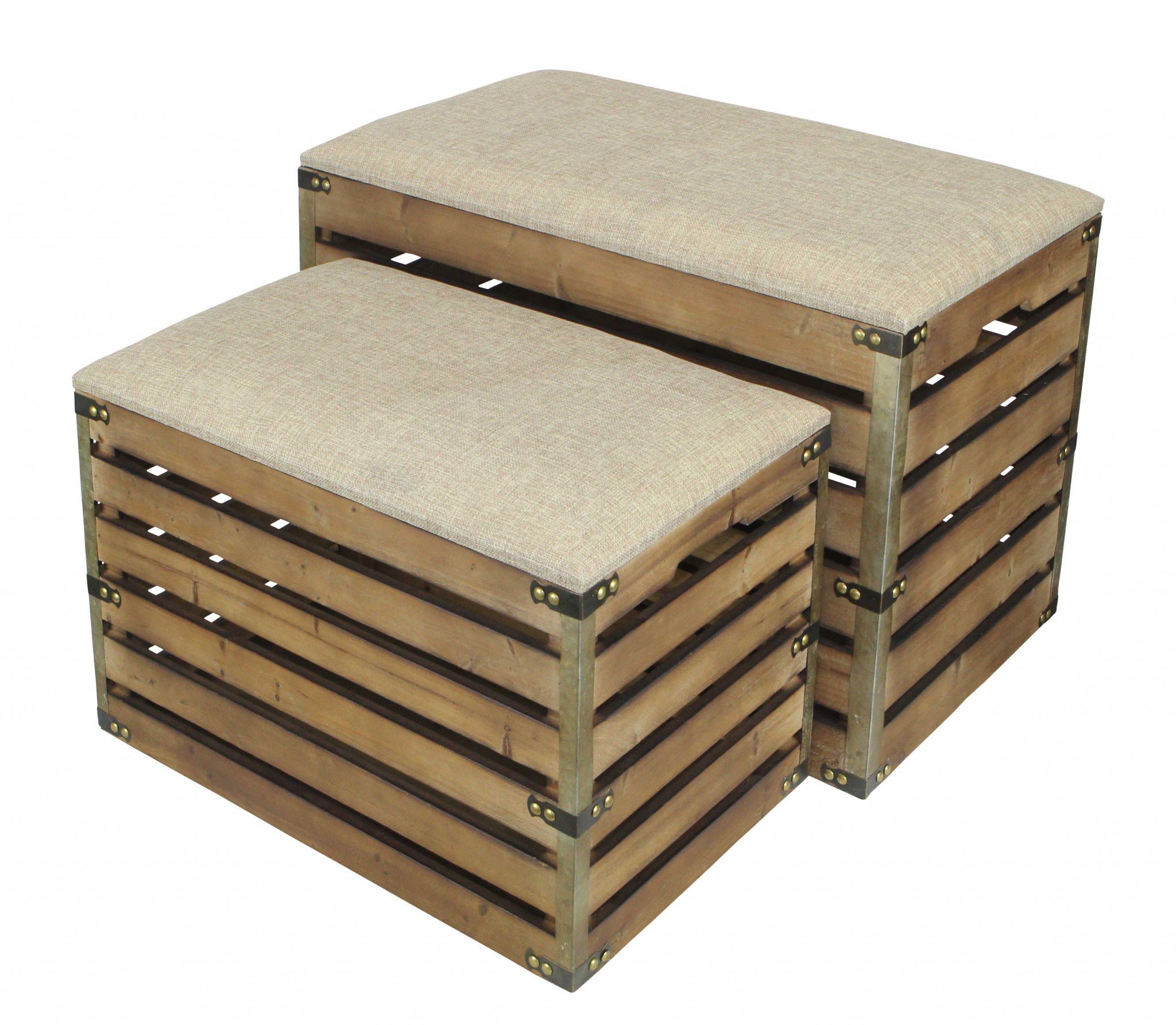 Set of 2 rectangular brown linen fabric storage benches with wood slats, showcasing a contemporary design and lift-off lids for storage.